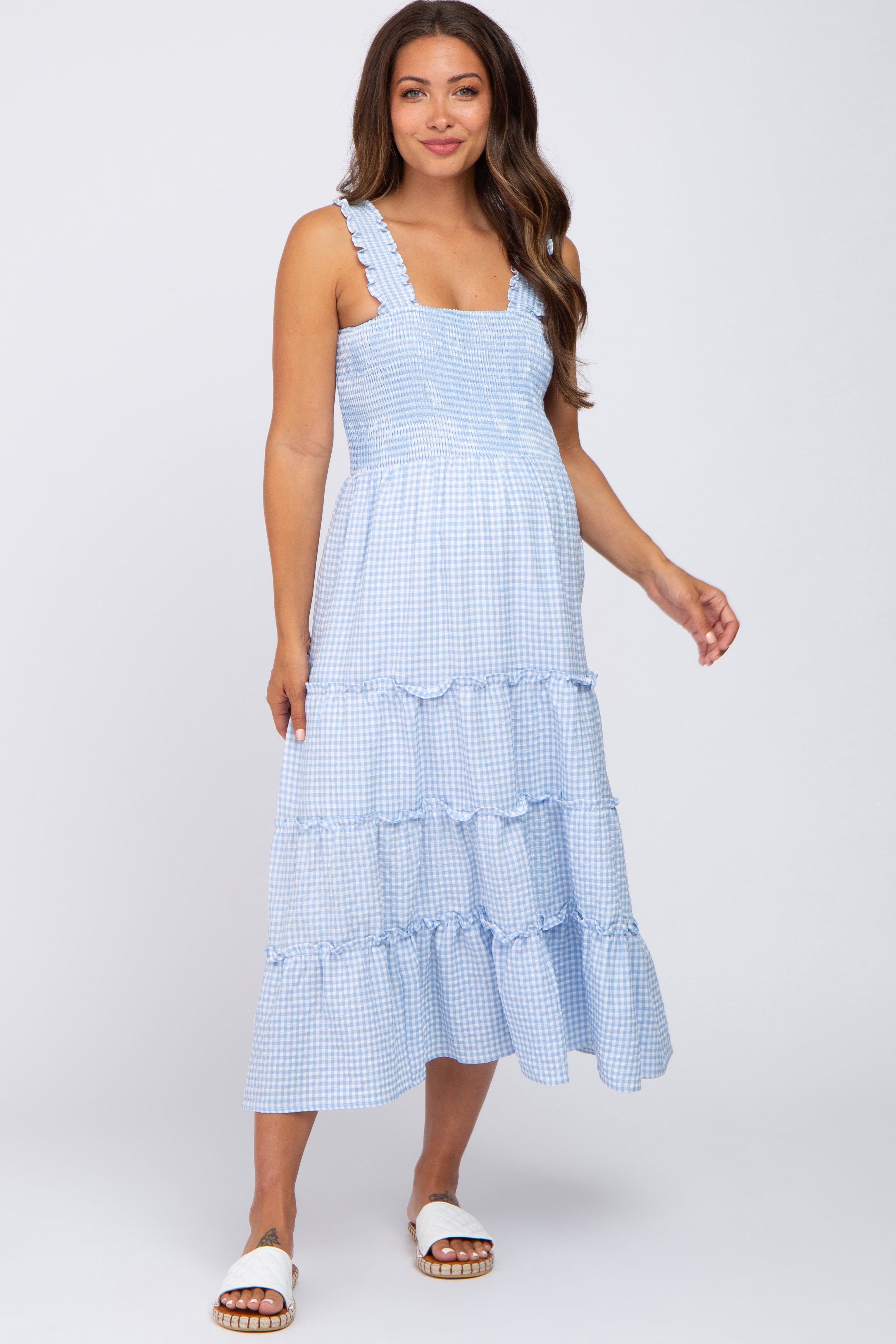 Blue Gingham Smocked Tiered Maternity Midi Dress sold by Pinkblush product image thumbnail 4