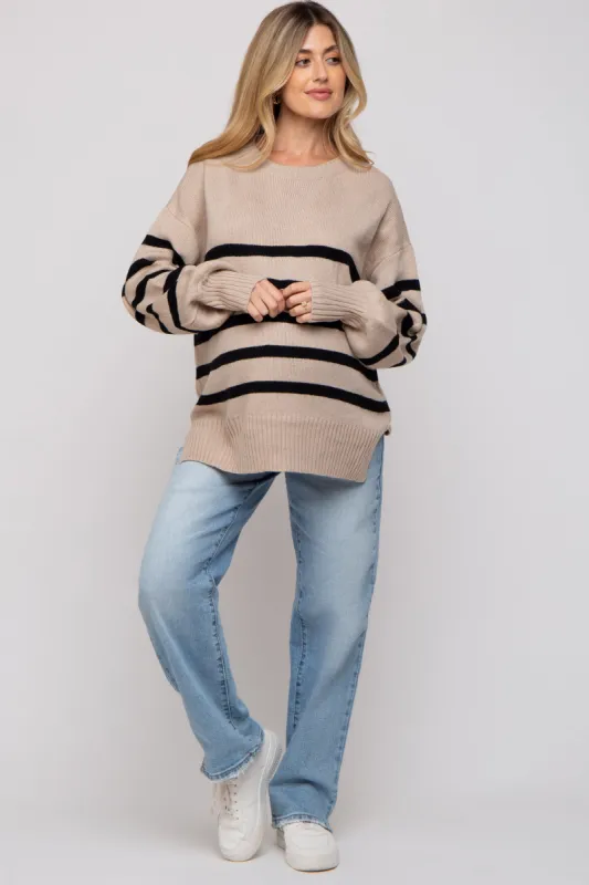 Taupe Striped Oversized Side Slit Maternity Sweater sold by Pinkblush