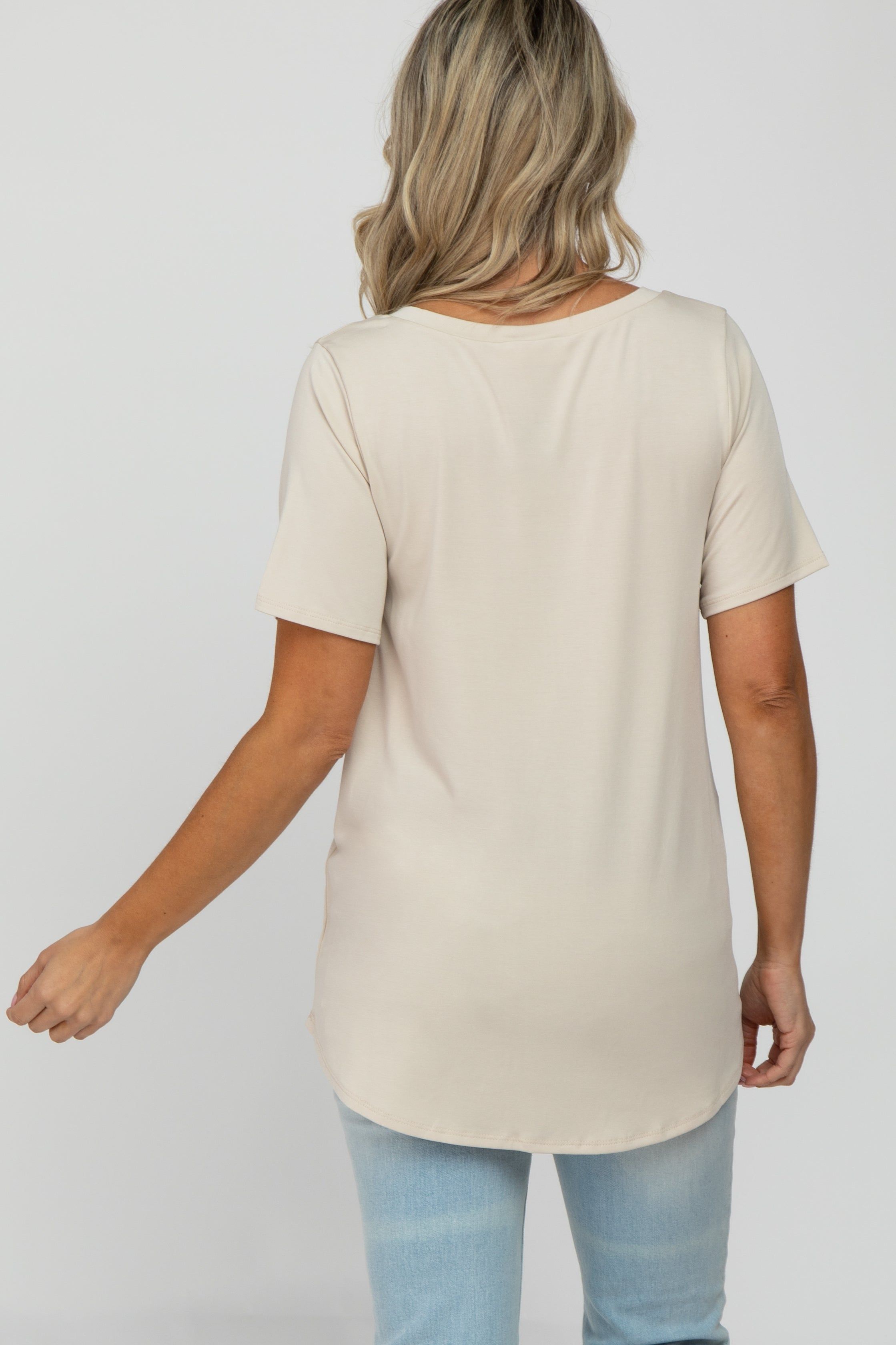 Beige V-Neck Front Pocket Short Sleeve Maternity Top sold by Pinkblush product image thumbnail 4