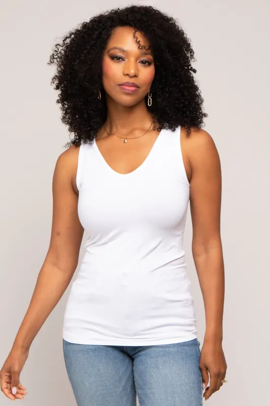 White Basic V-Neck Seamless Tank sold by Pinkblush
