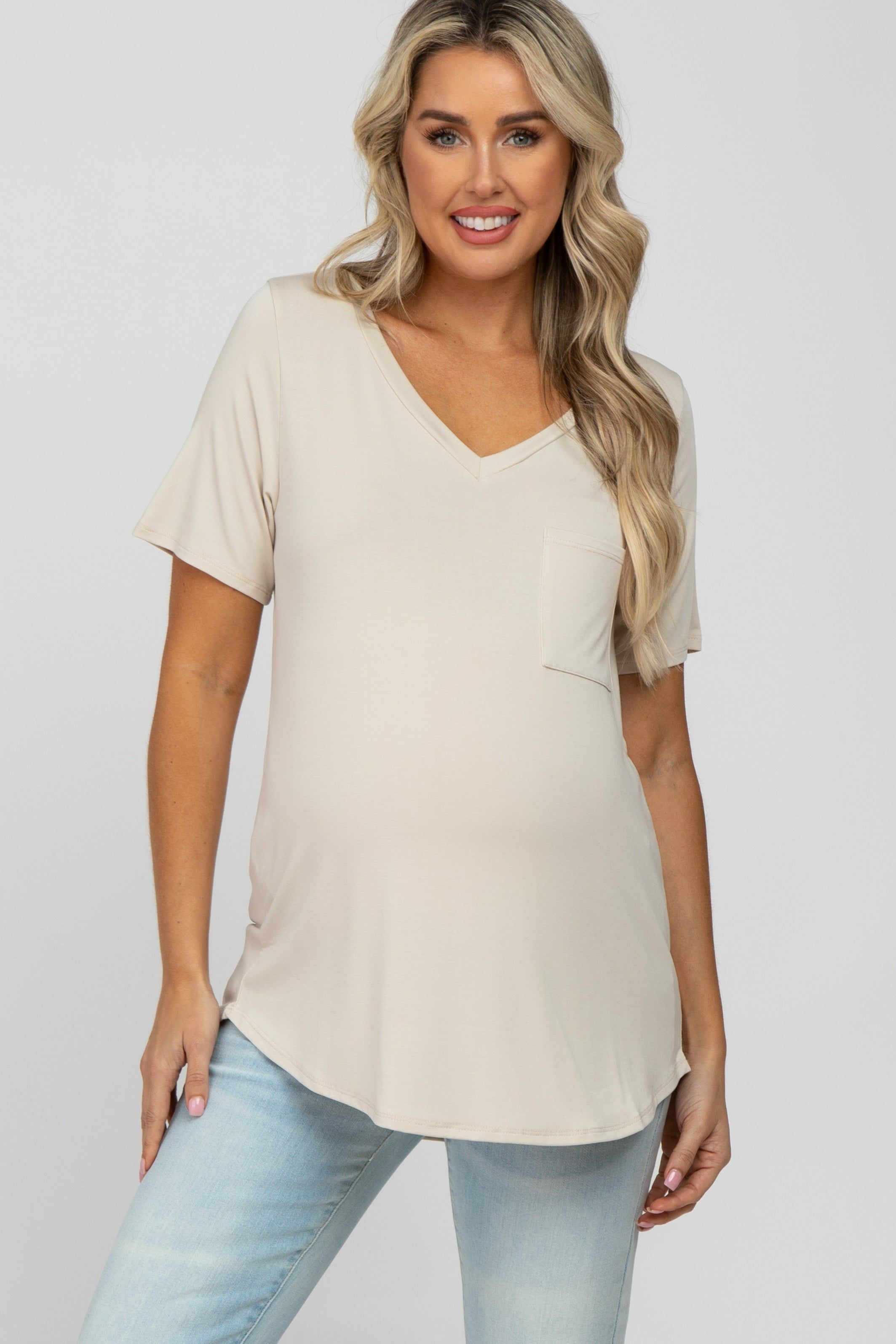 Beige V-Neck Front Pocket Short Sleeve Maternity Top sold by Pinkblush