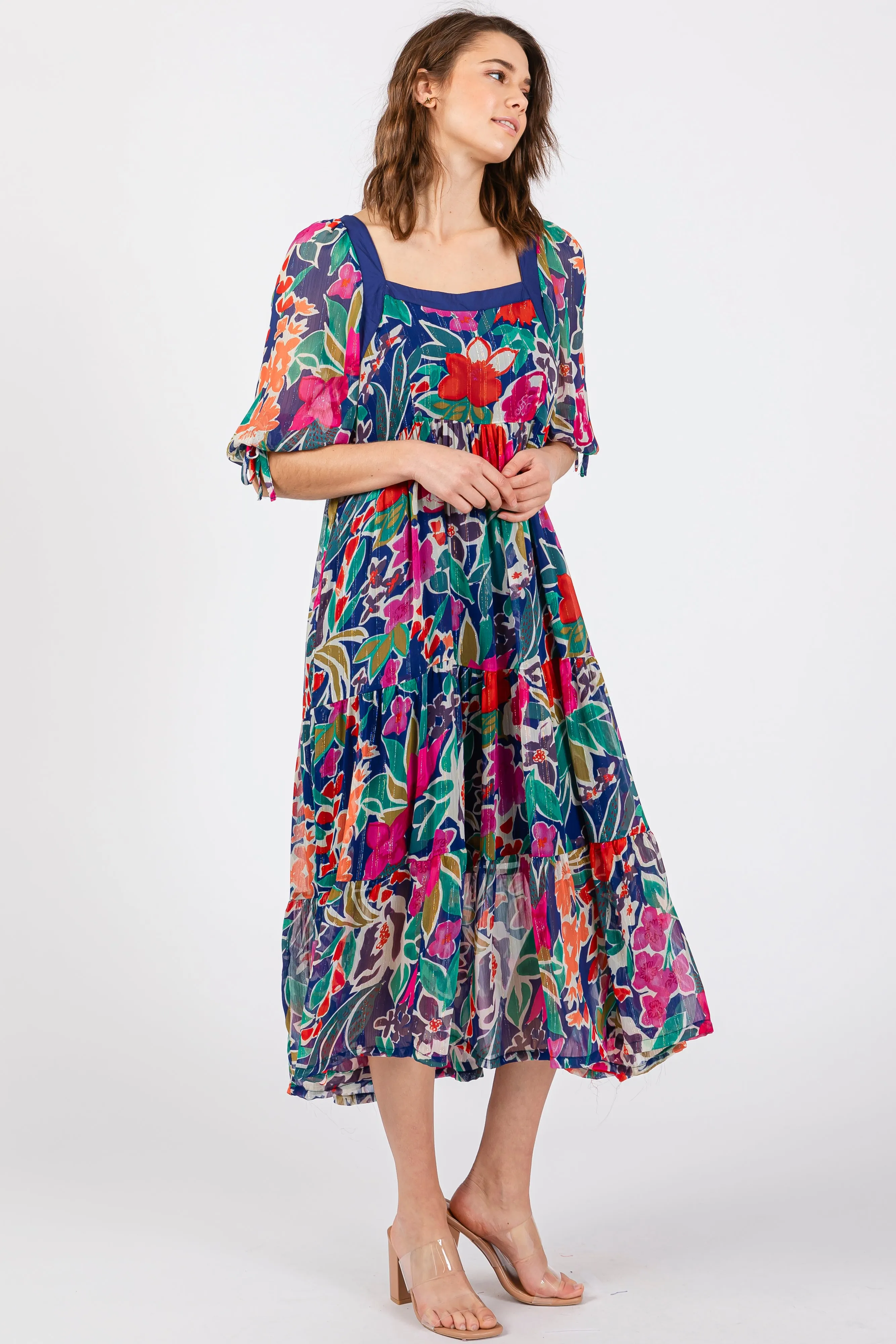 Navy Floral Half-Length Sleeve Tie Midi Dress sold by Pinkblush product image thumbnail 2