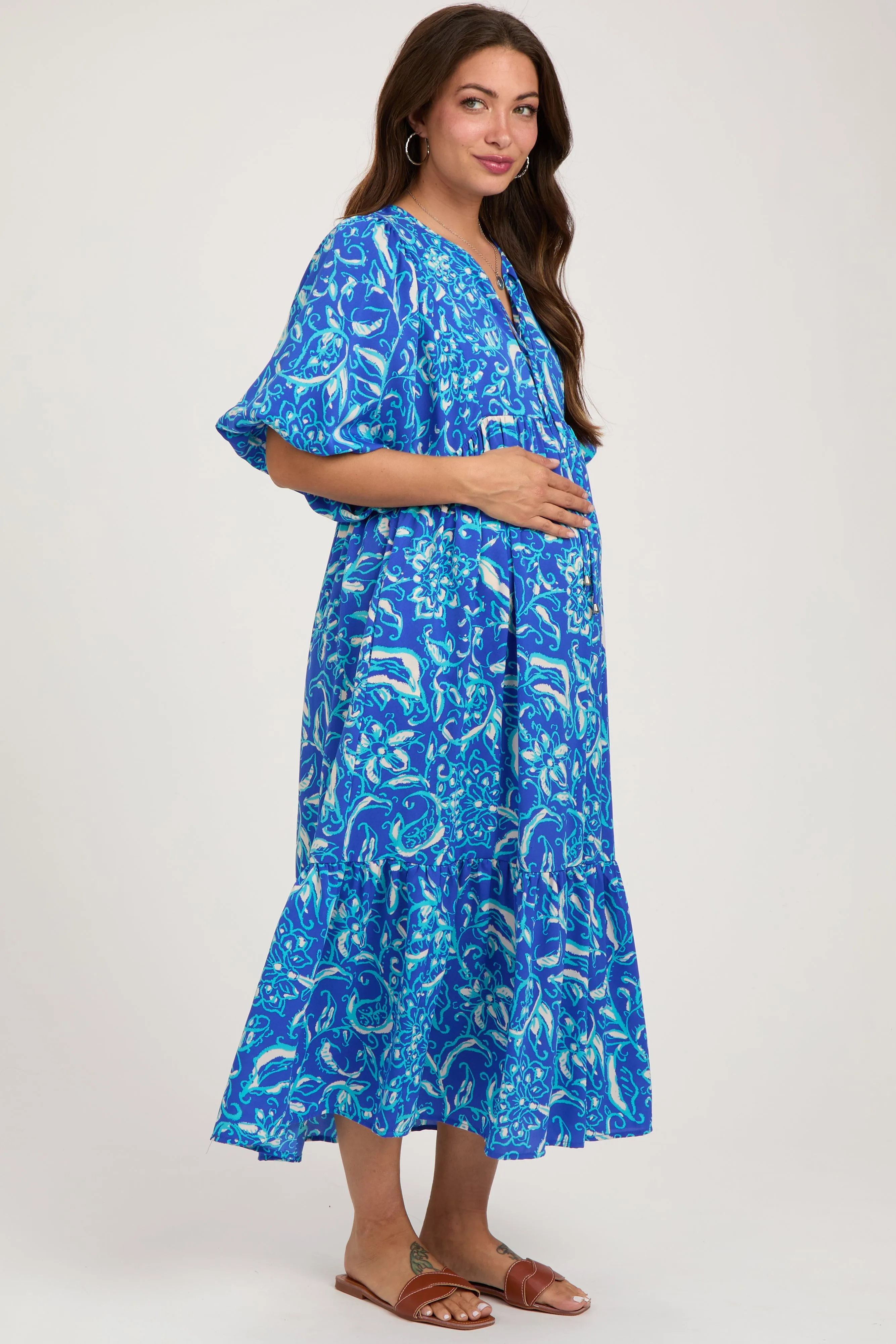Blue Floral Tiered Maternity Midi Dress sold by Pinkblush product image thumbnail 3