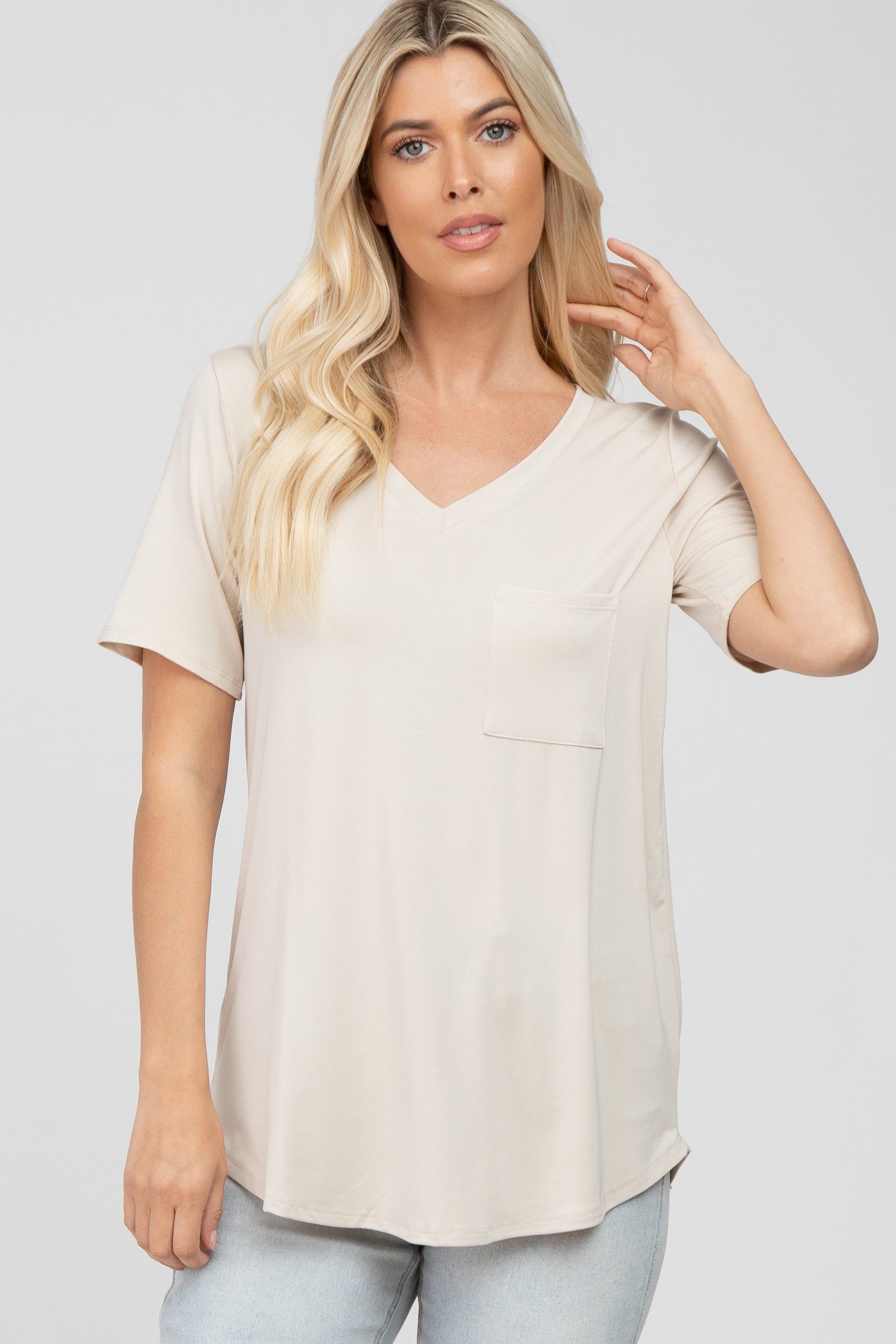 Beige V-Neck Front Pocket Short Sleeve Maternity Top sold by Pinkblush product image thumbnail 5