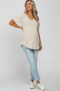 Beige V-Neck Front Pocket Short Sleeve Maternity Top sold by Pinkblush