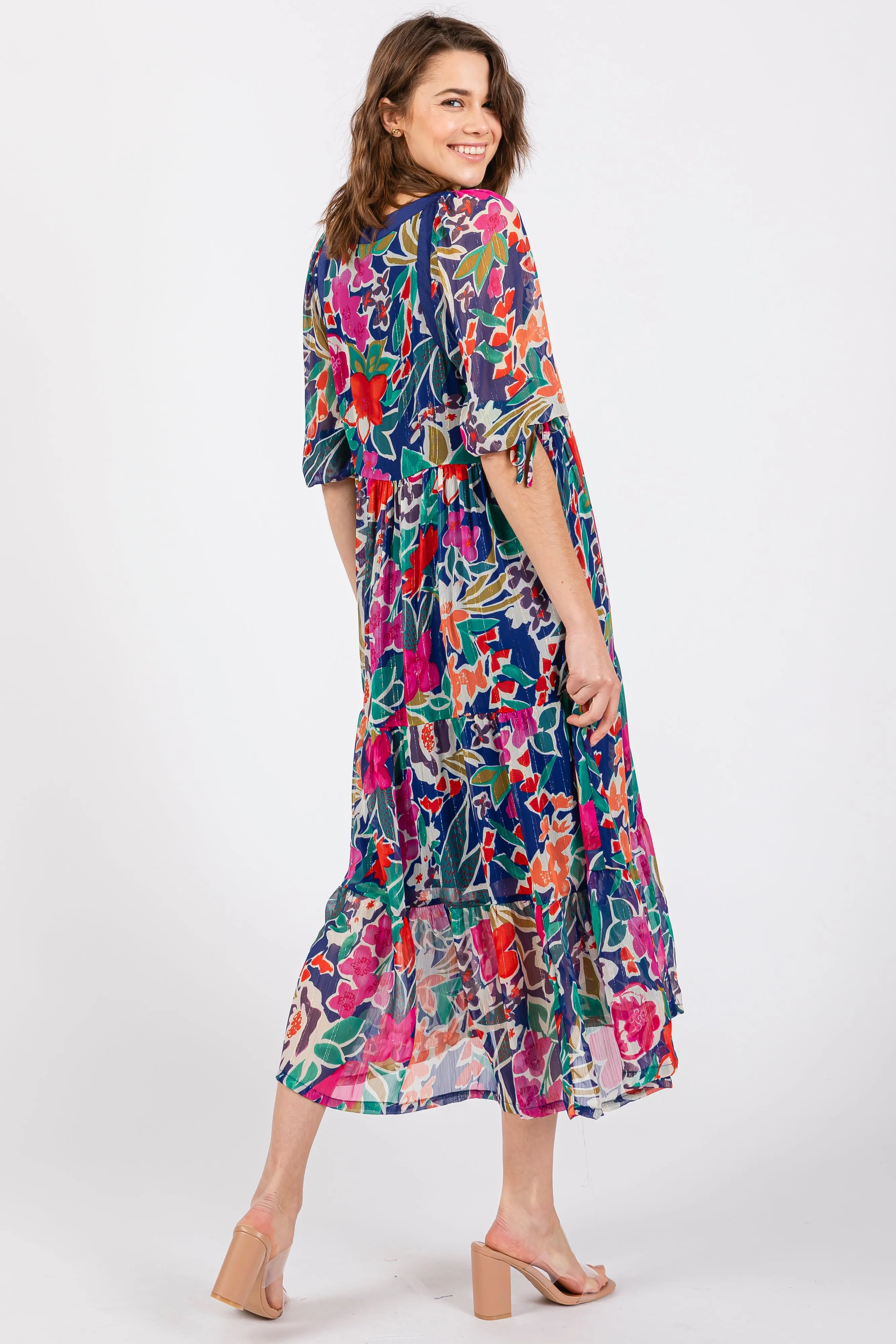 Navy Floral Half-Length Sleeve Tie Midi Dress sold by Pinkblush product image thumbnail 3