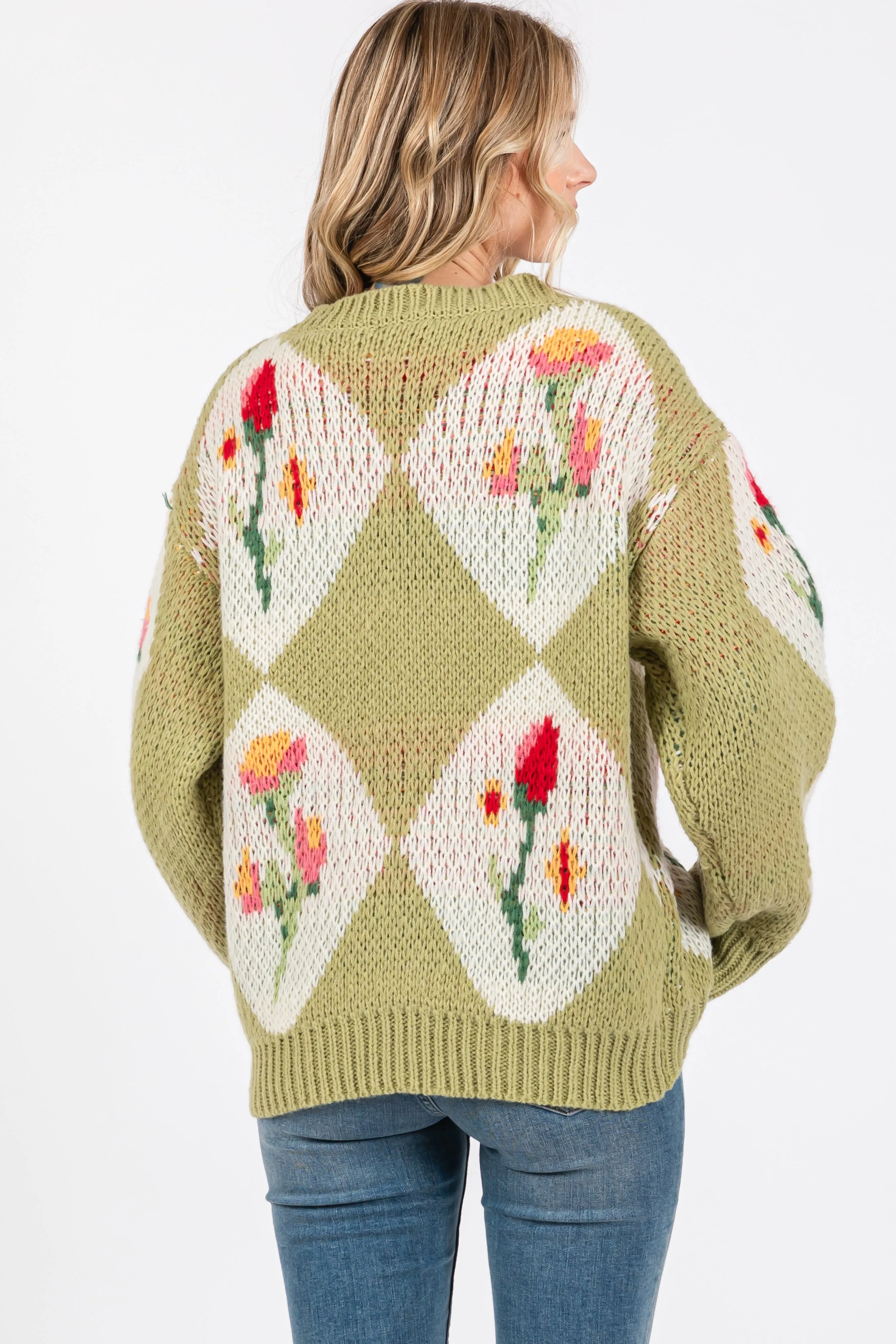 Green Floral Argyle Cardigan Sweater sold by Pinkblush product image thumbnail 4