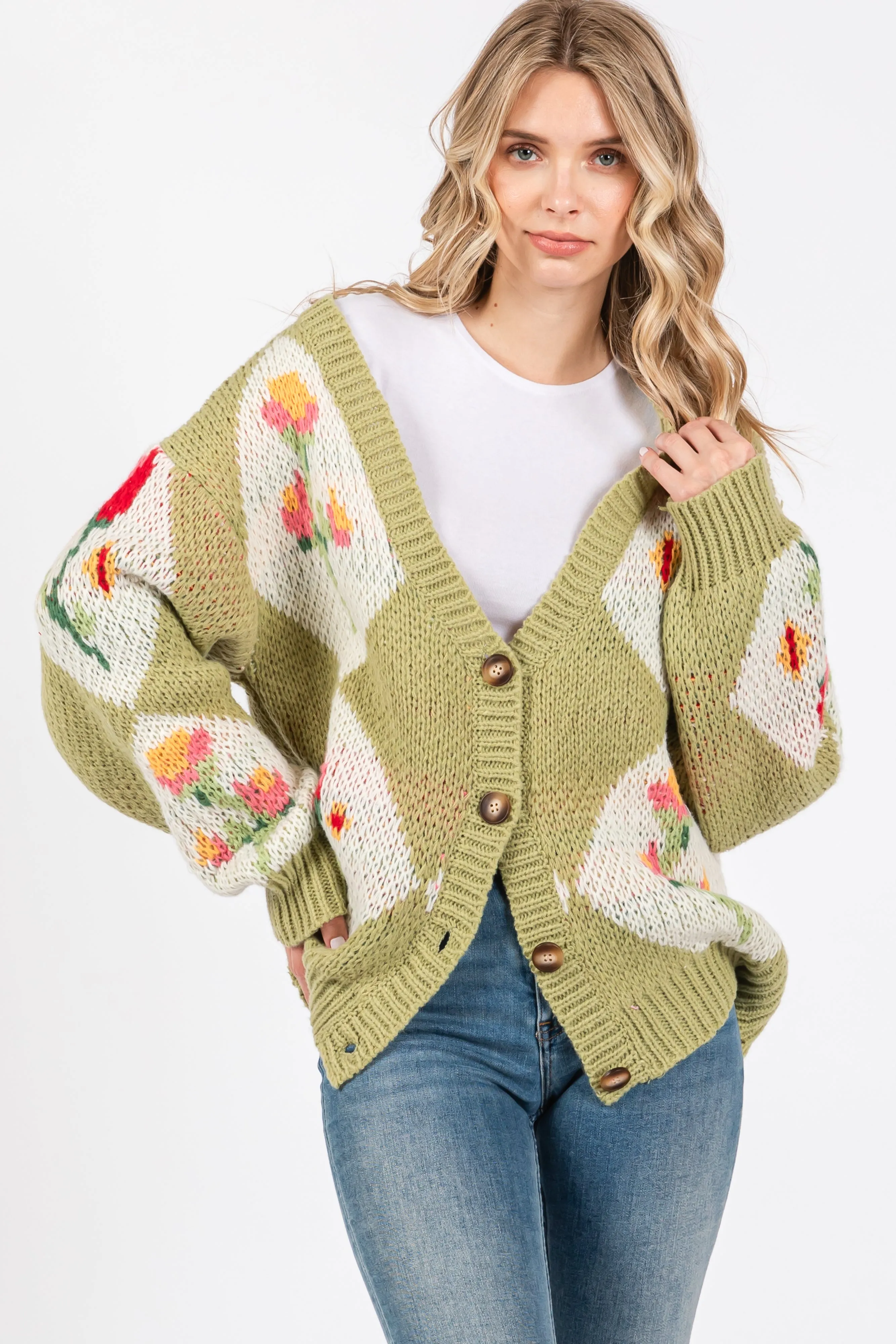 Green Floral Argyle Cardigan Sweater sold by Pinkblush