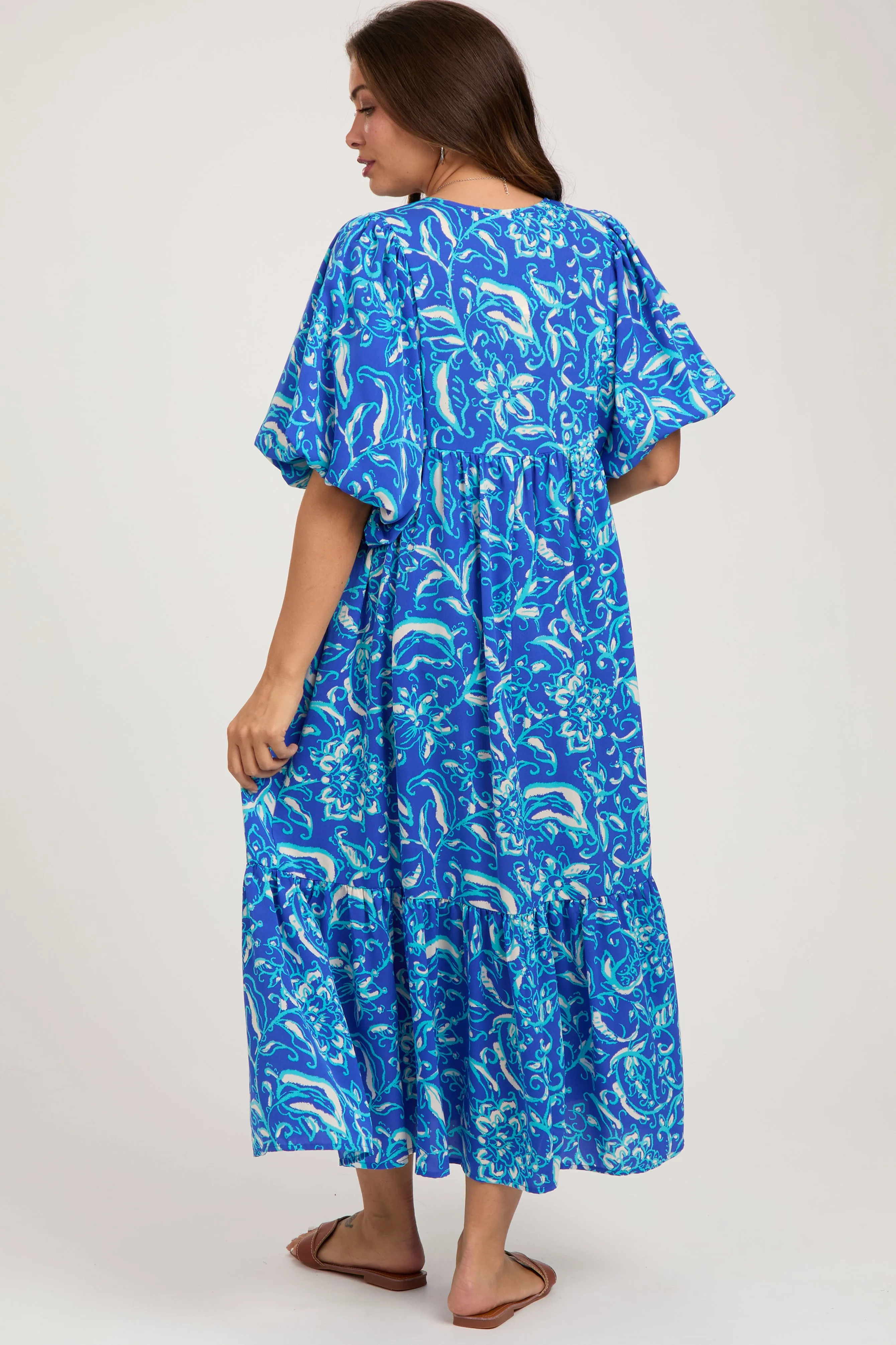 Blue Floral Tiered Maternity Midi Dress sold by Pinkblush product image thumbnail 4