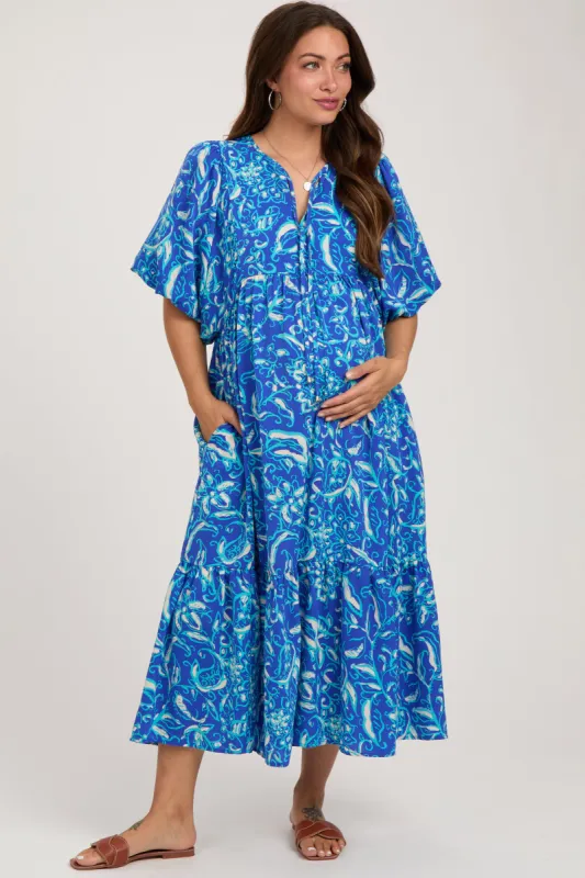 Blue Floral Tiered Maternity Midi Dress sold by Pinkblush
