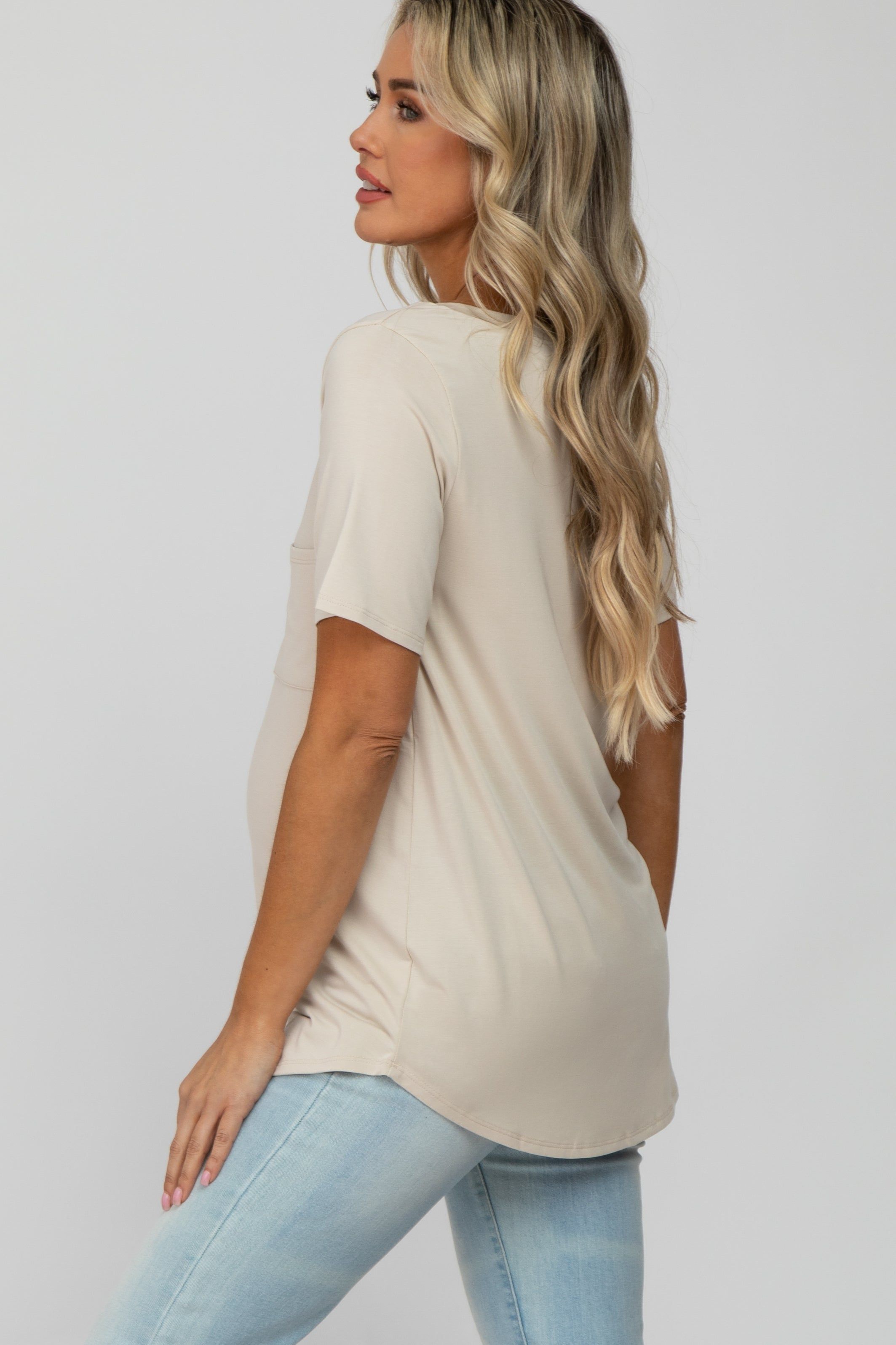 Beige V-Neck Front Pocket Short Sleeve Maternity Top sold by Pinkblush product image thumbnail 3