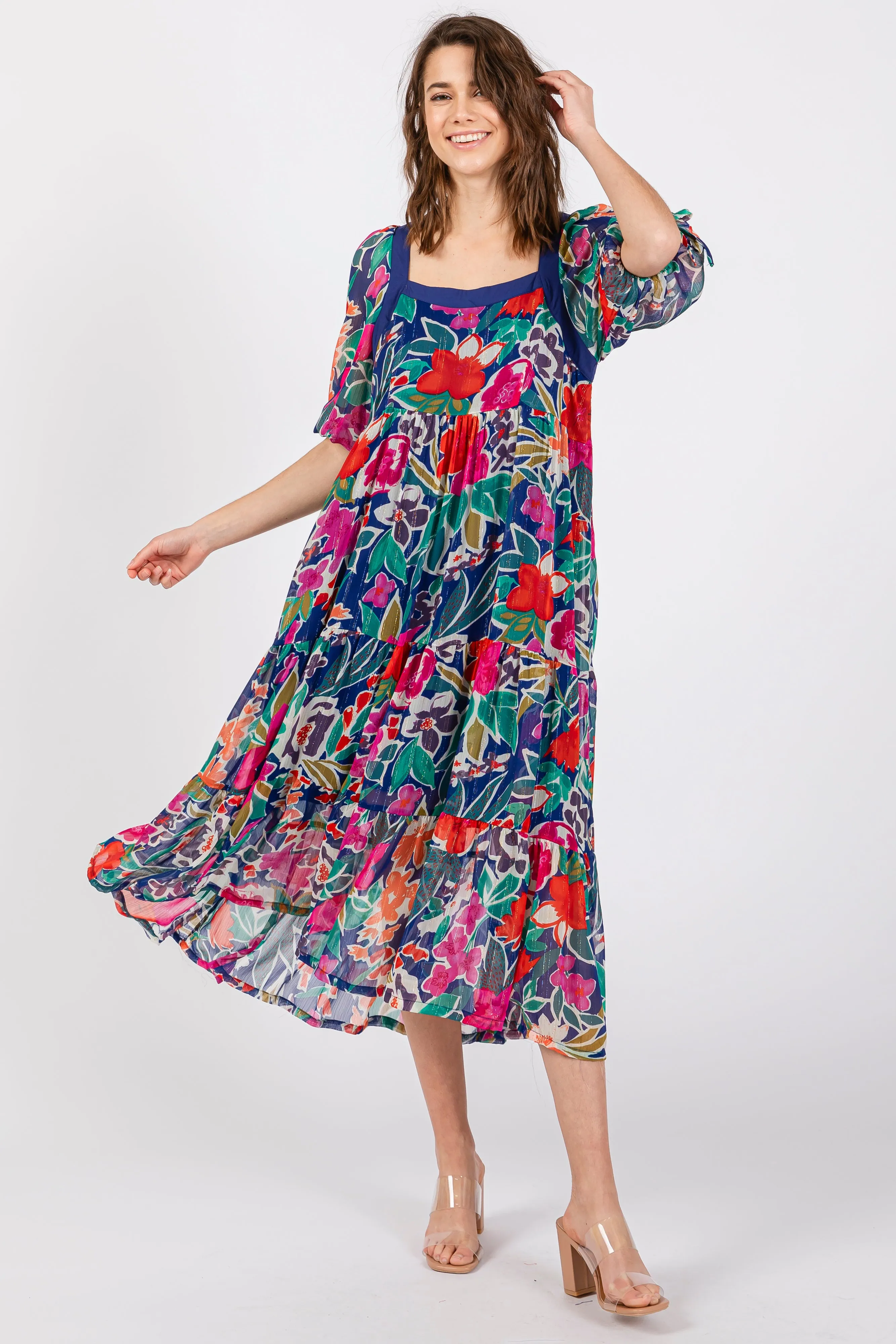 Navy Floral Half-Length Sleeve Tie Midi Dress sold by Pinkblush