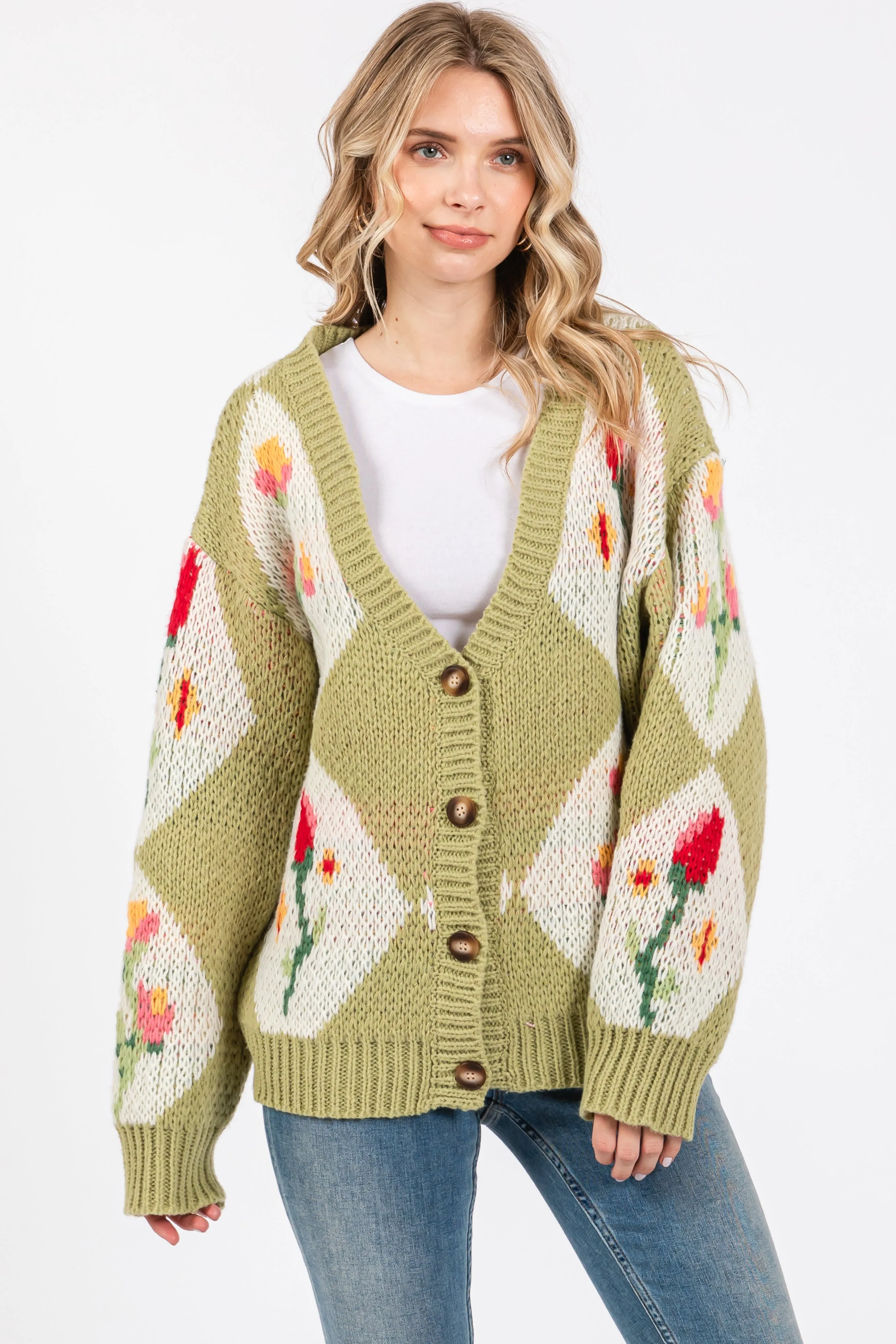 Green Floral Argyle Cardigan Sweater sold by Pinkblush product image thumbnail 2