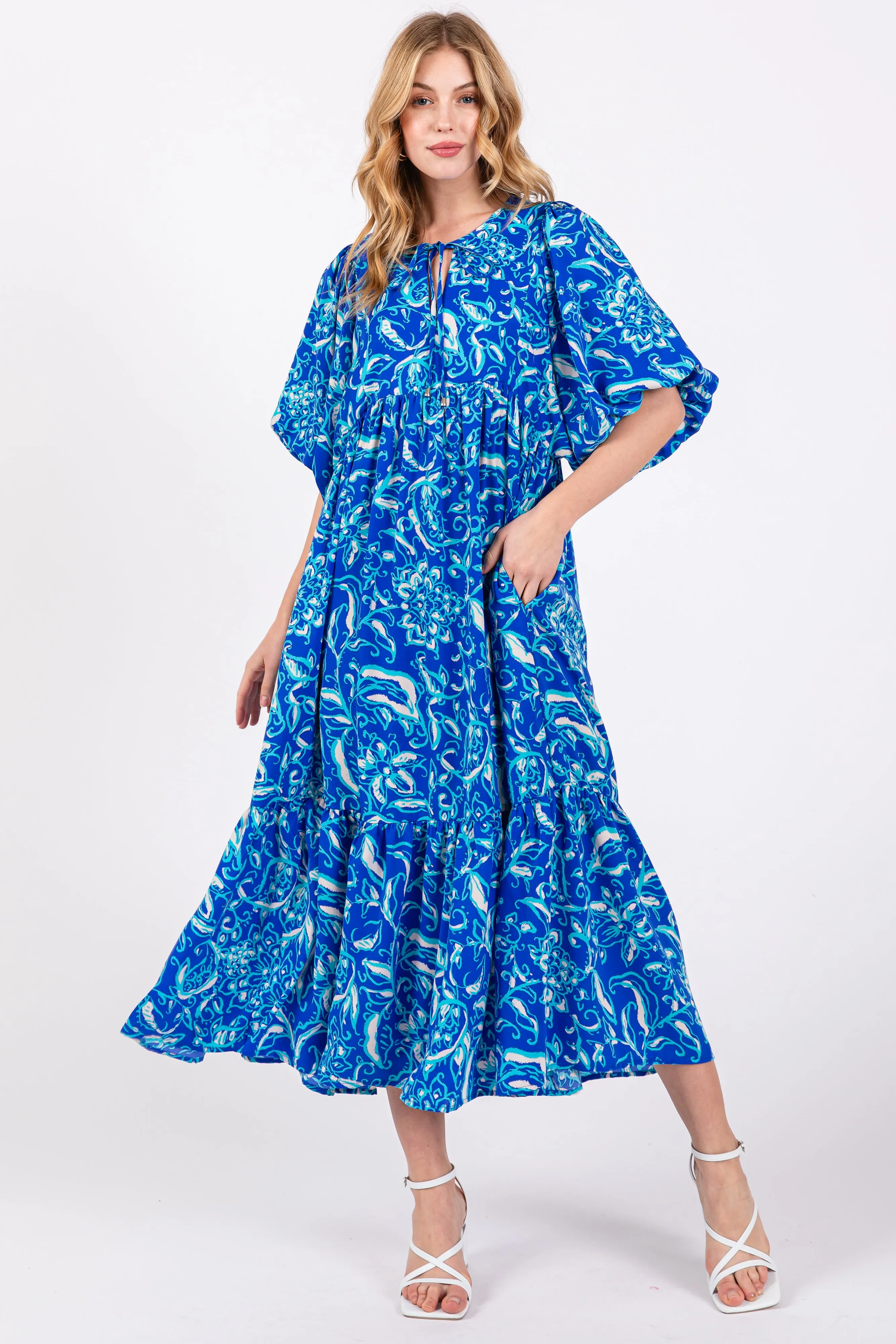 Blue Floral Tiered Maternity Midi Dress sold by Pinkblush product image thumbnail 5
