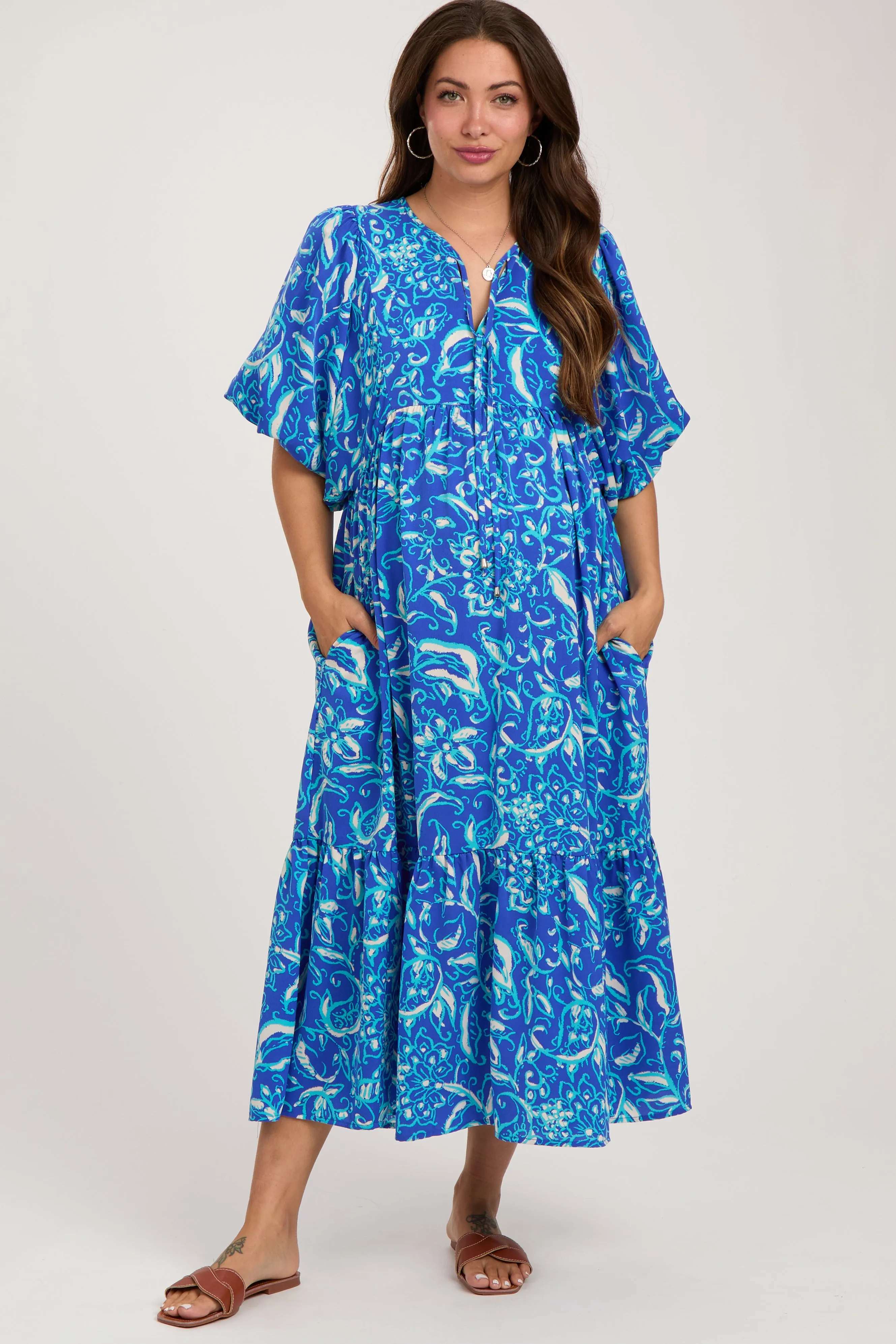 Blue Floral Tiered Maternity Midi Dress sold by Pinkblush product image thumbnail 2