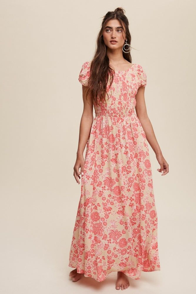 Light Mustard Floral Smock Cross Back Puff Sleeve Maxi Dress sold by Pinkblush