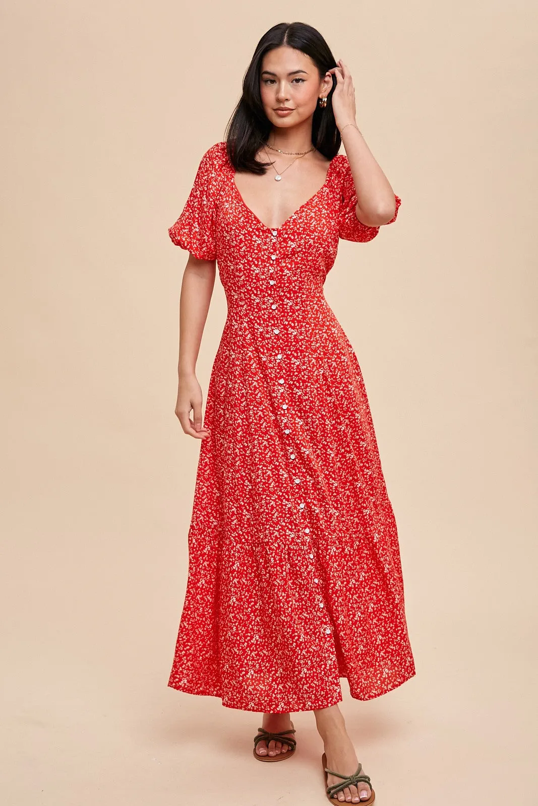 Cherry Red Floral Sweetheart Button Down Dress sold by Pinkblush product image thumbnail 2