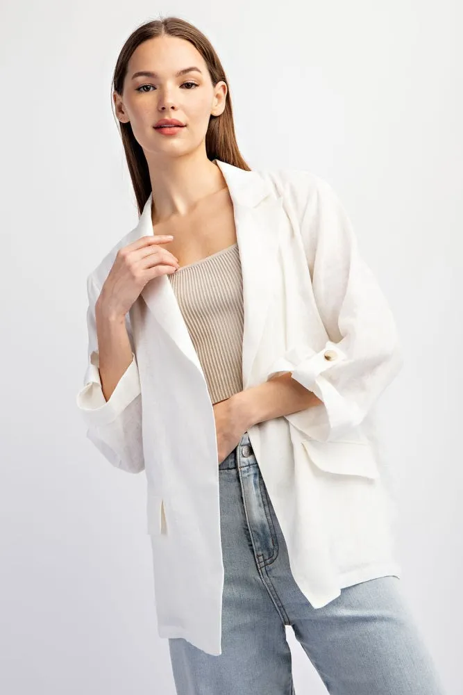 White Linen Rolled Cuff Blazer sold by Pinkblush