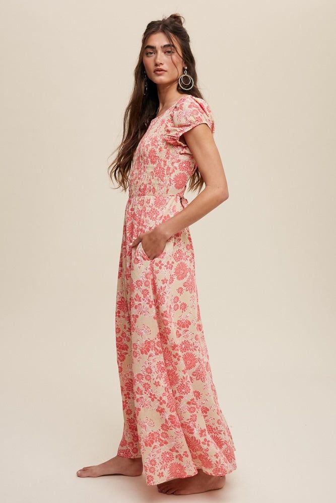 Light Mustard Floral Smock Cross Back Puff Sleeve Maxi Dress sold by Pinkblush product image thumbnail 2