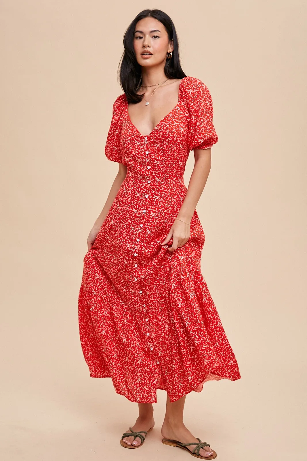 Cherry Red Floral Sweetheart Button Down Dress sold by Pinkblush product image thumbnail 3