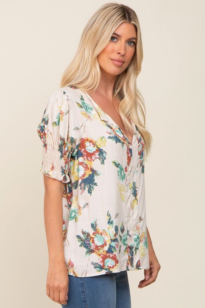 Beige Floral Smocked Sleeve Top sold by Pinkblush product image thumbnail 2