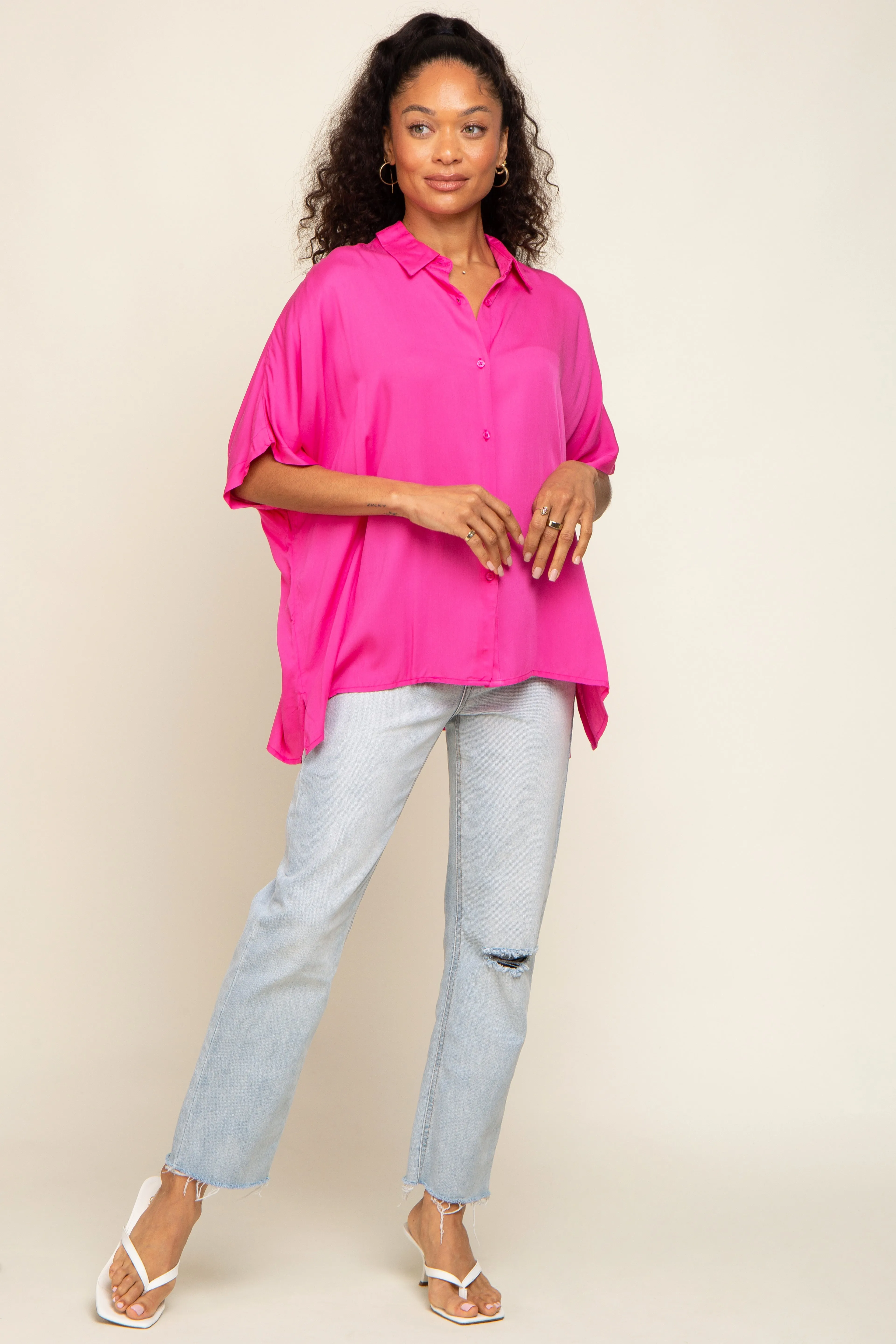 Fuchsia Button Up Dolman Short Sleeve Top sold by Pinkblush product image thumbnail 4