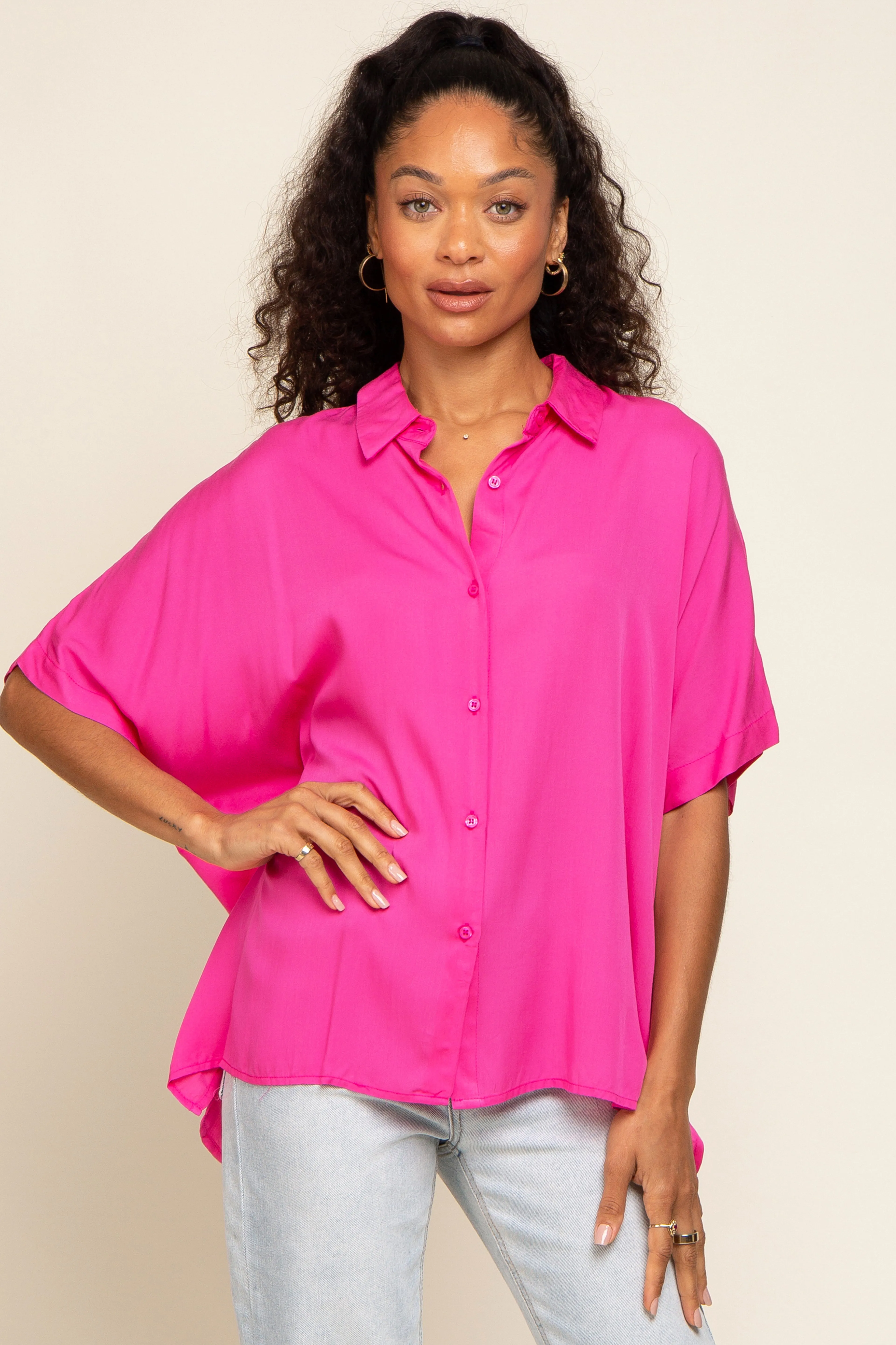 Fuchsia Button Up Dolman Short Sleeve Top sold by Pinkblush