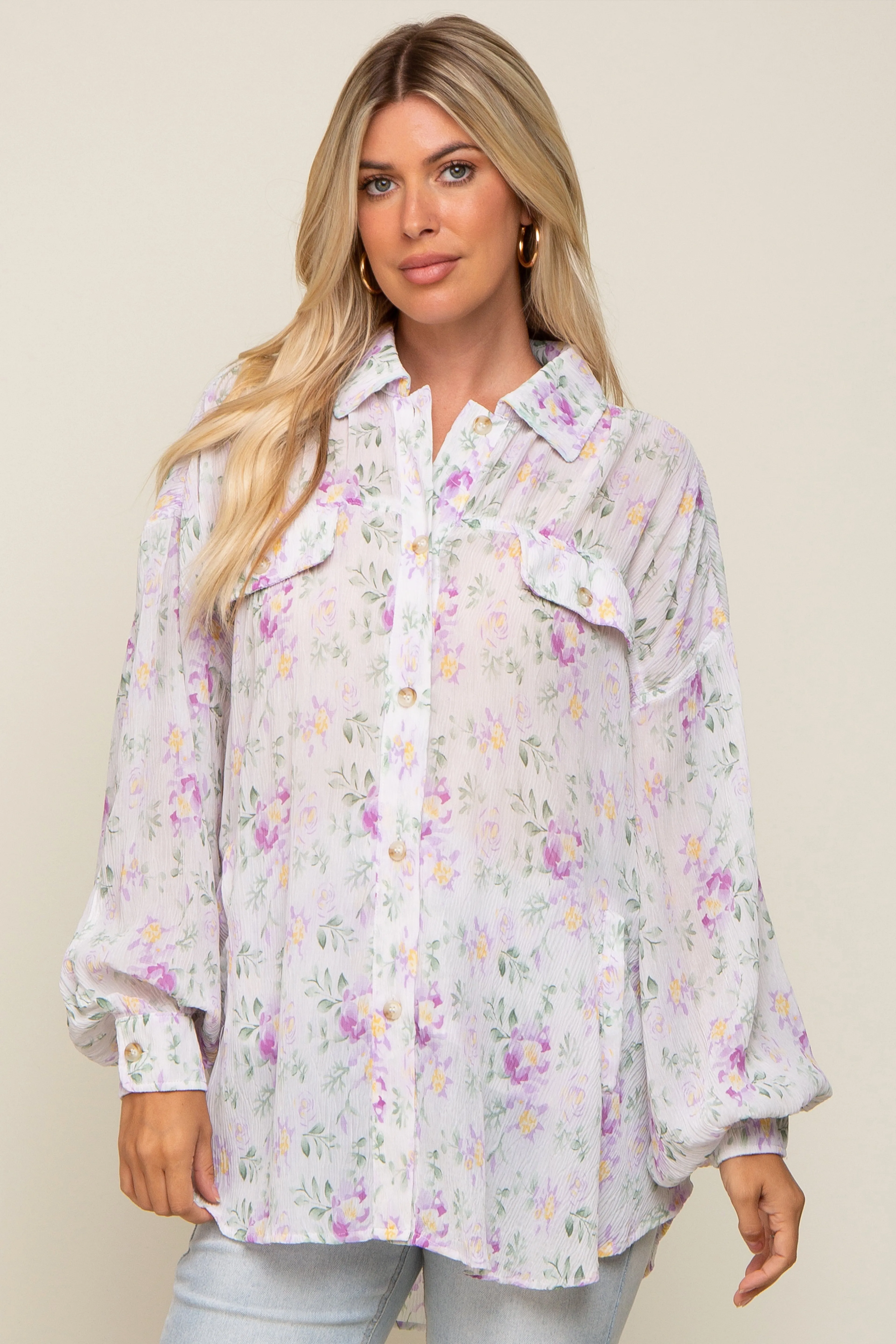 Lavender Pleated Floral Oversized Blouse sold by Pinkblush