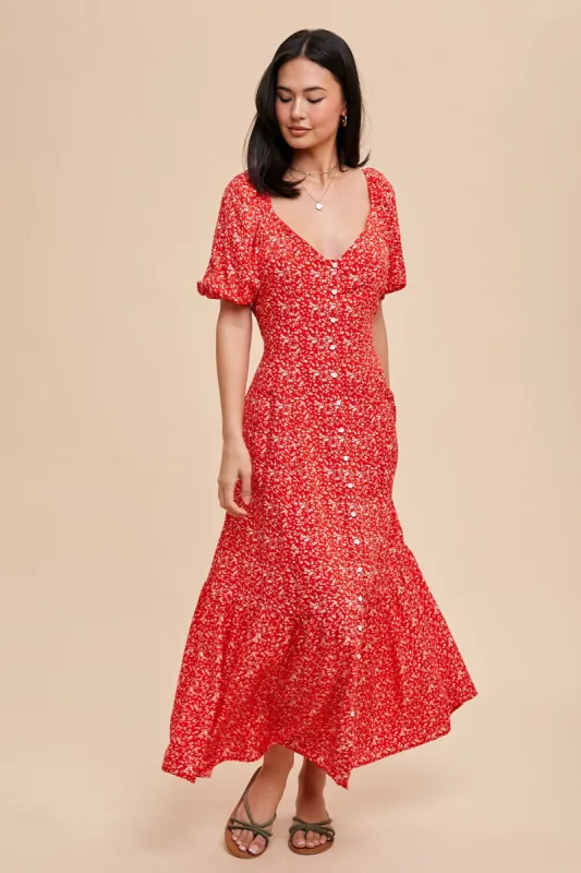 Cherry Red Floral Sweetheart Button Down Dress sold by Pinkblush
