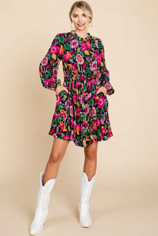 Navy Floral Ruffle Mock Neck Long Sleeve Dress sold by Pinkblush product image thumbnail 4