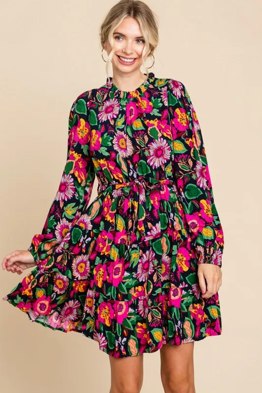 Navy Floral Ruffle Mock Neck Long Sleeve Dress sold by Pinkblush