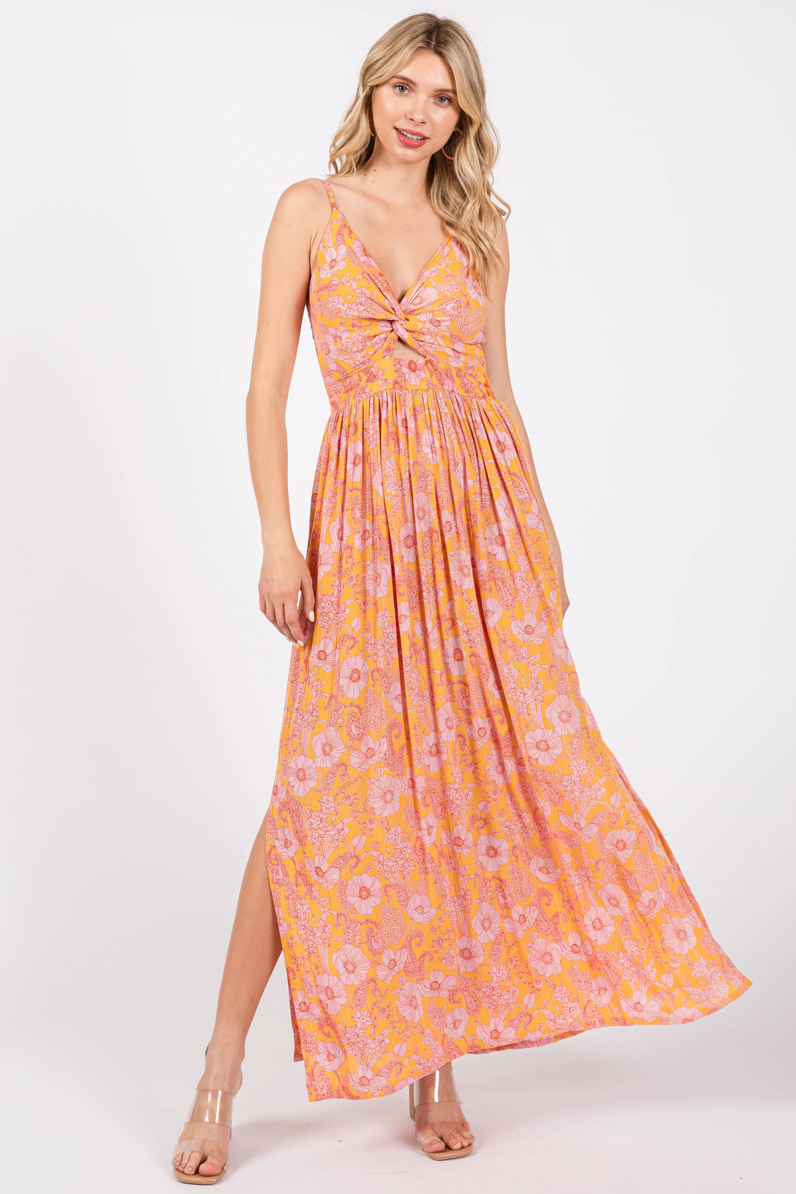 Orange Floral Front Cutout Side Slit Maxi Dress sold by Pinkblush