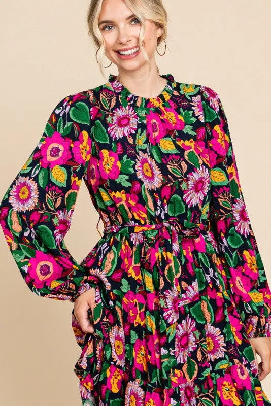 Navy Floral Ruffle Mock Neck Long Sleeve Dress sold by Pinkblush product image thumbnail 5