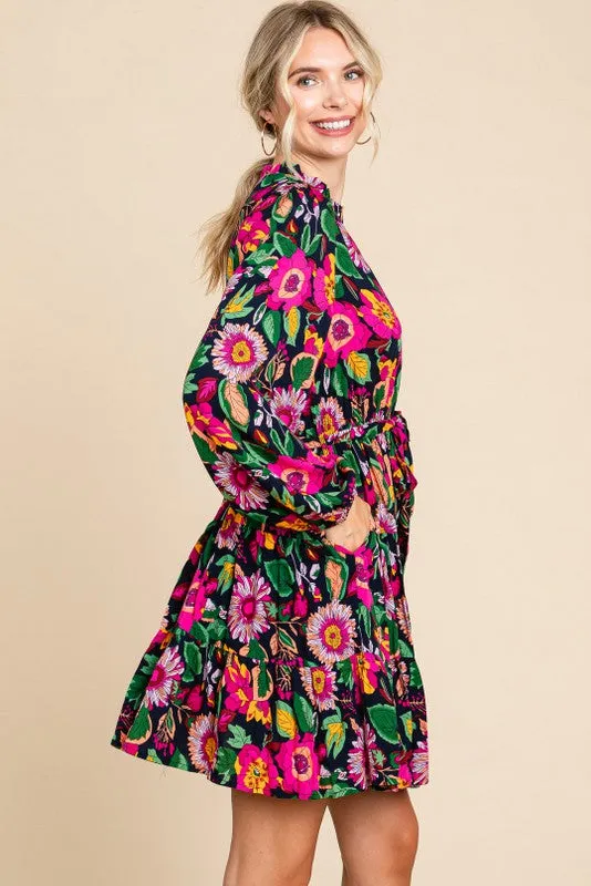 Navy Floral Ruffle Mock Neck Long Sleeve Dress sold by Pinkblush product image thumbnail 2