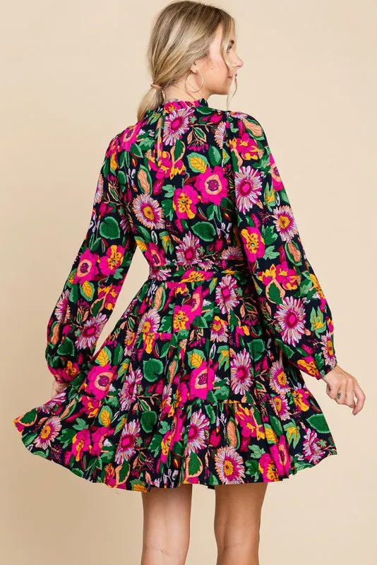 Navy Floral Ruffle Mock Neck Long Sleeve Dress sold by Pinkblush product image thumbnail 3