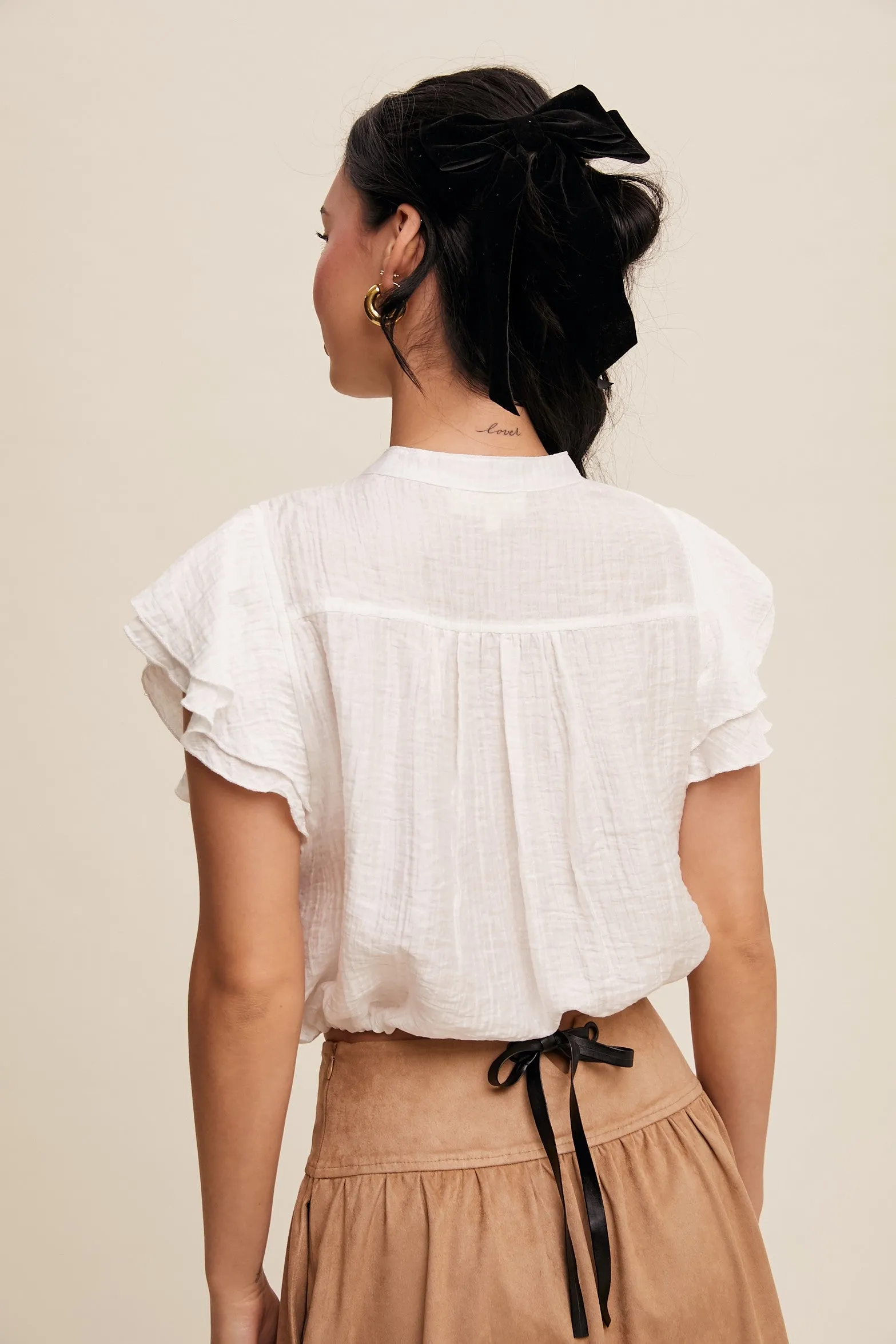 Ivory Ruffled Button Front Tie Waist Blouse Top sold by Pinkblush product image thumbnail 5