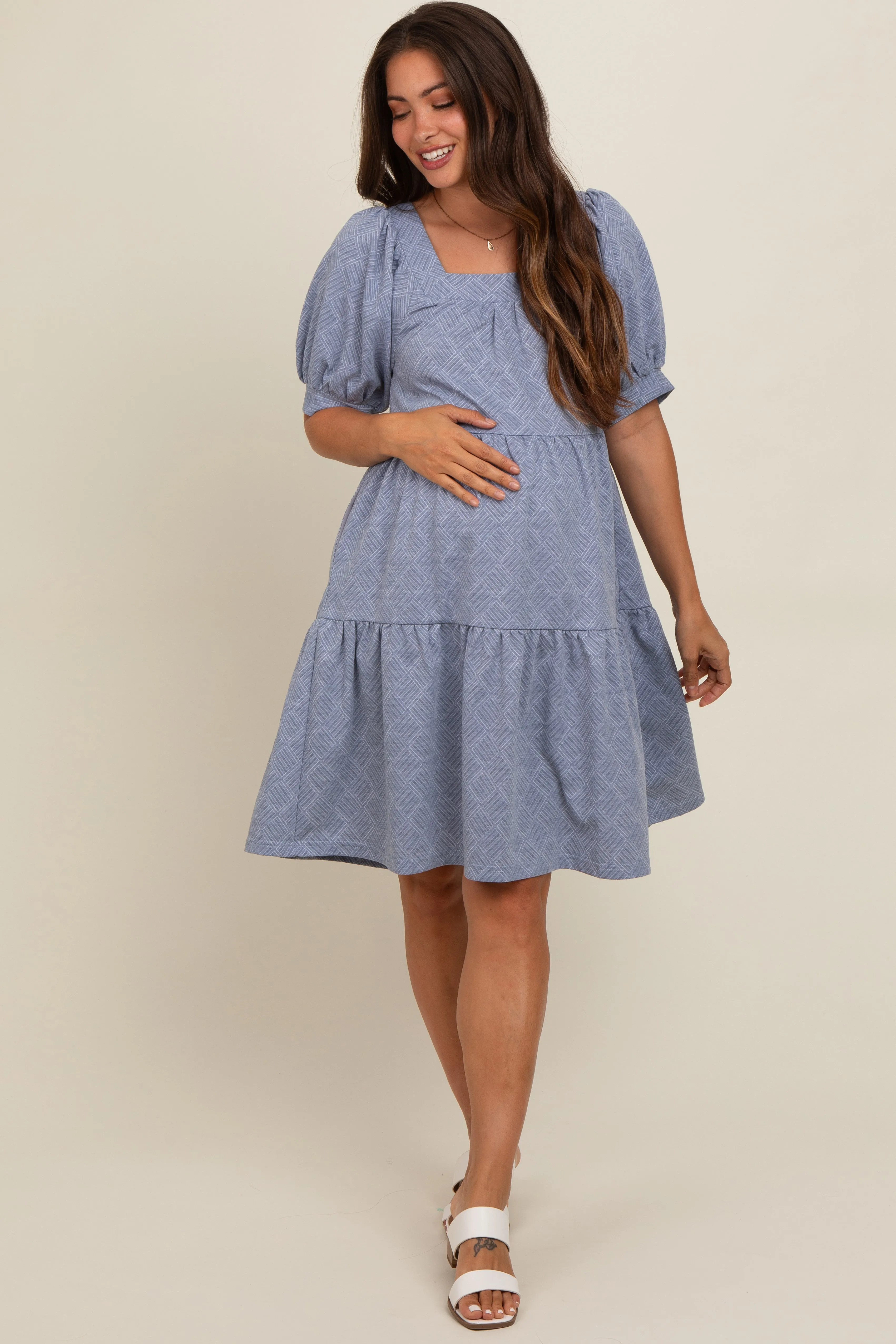 Blue Jacquard Tiered Maternity Dress sold by Pinkblush