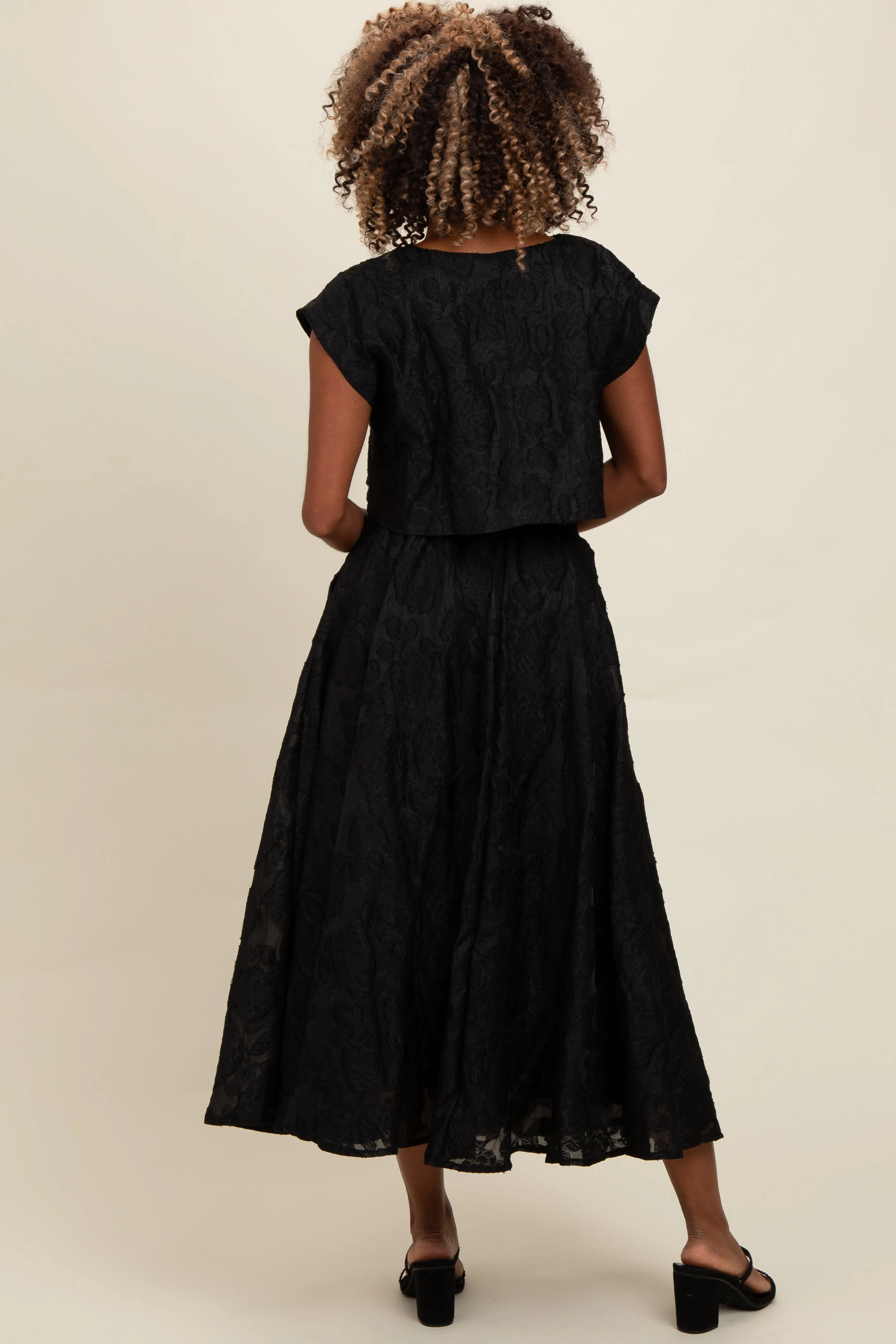 Black Floral Jacquard Crop Top and Skirt Set sold by Pinkblush product image thumbnail 4