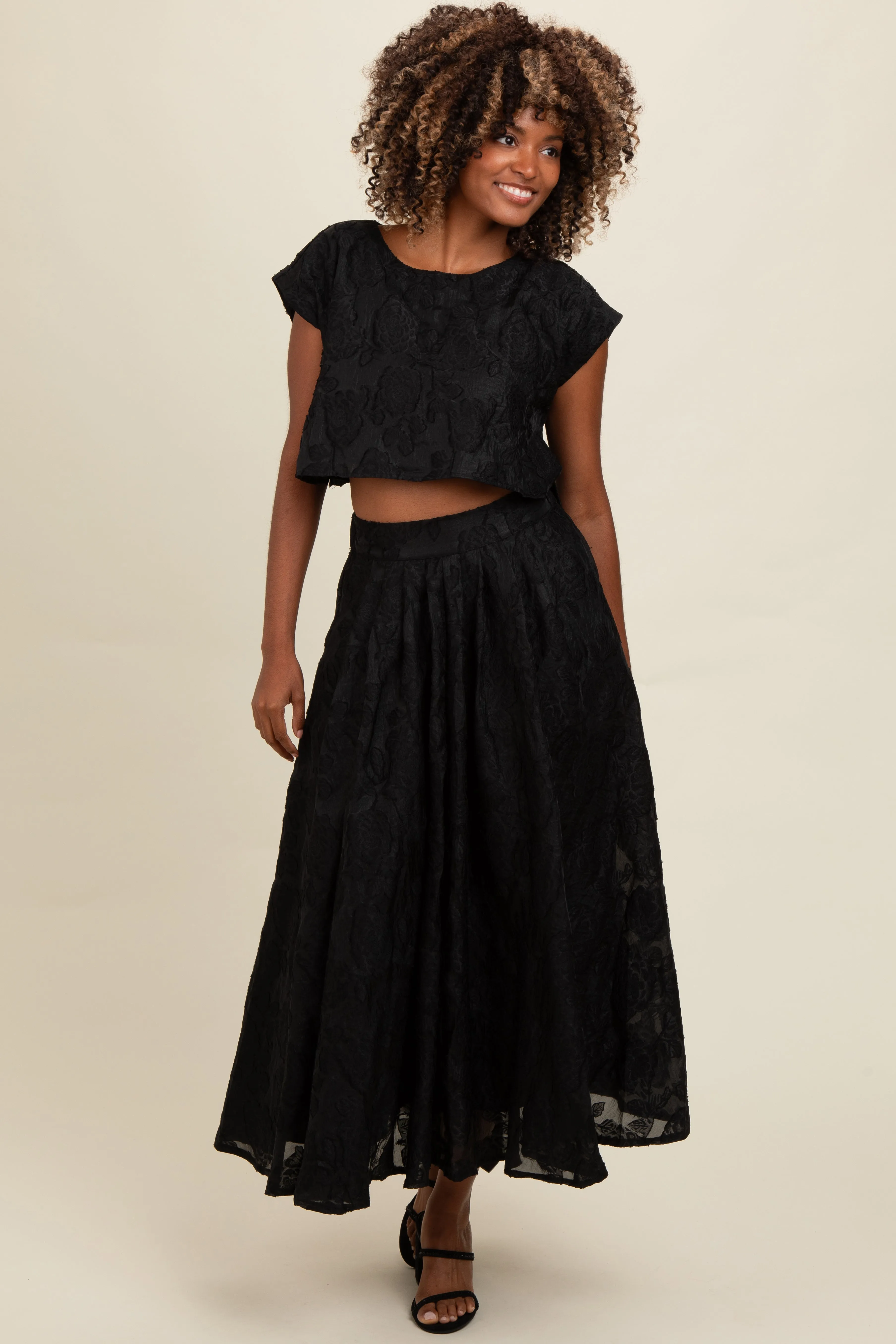Black Floral Jacquard Crop Top and Skirt Set sold by Pinkblush