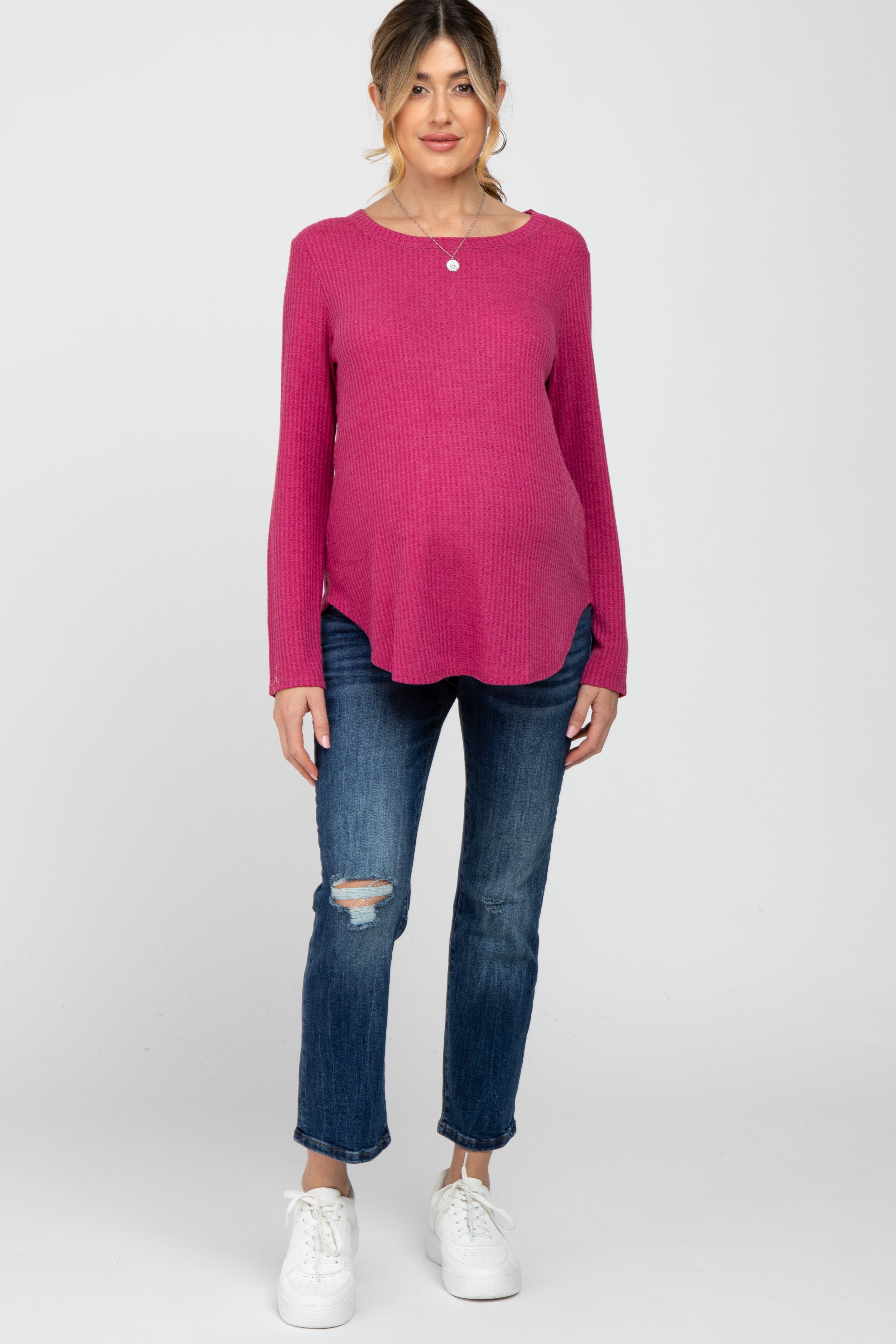 Fuschia Basic Waffle Knit Maternity Long Sleeve Top sold by Pinkblush product image thumbnail 2