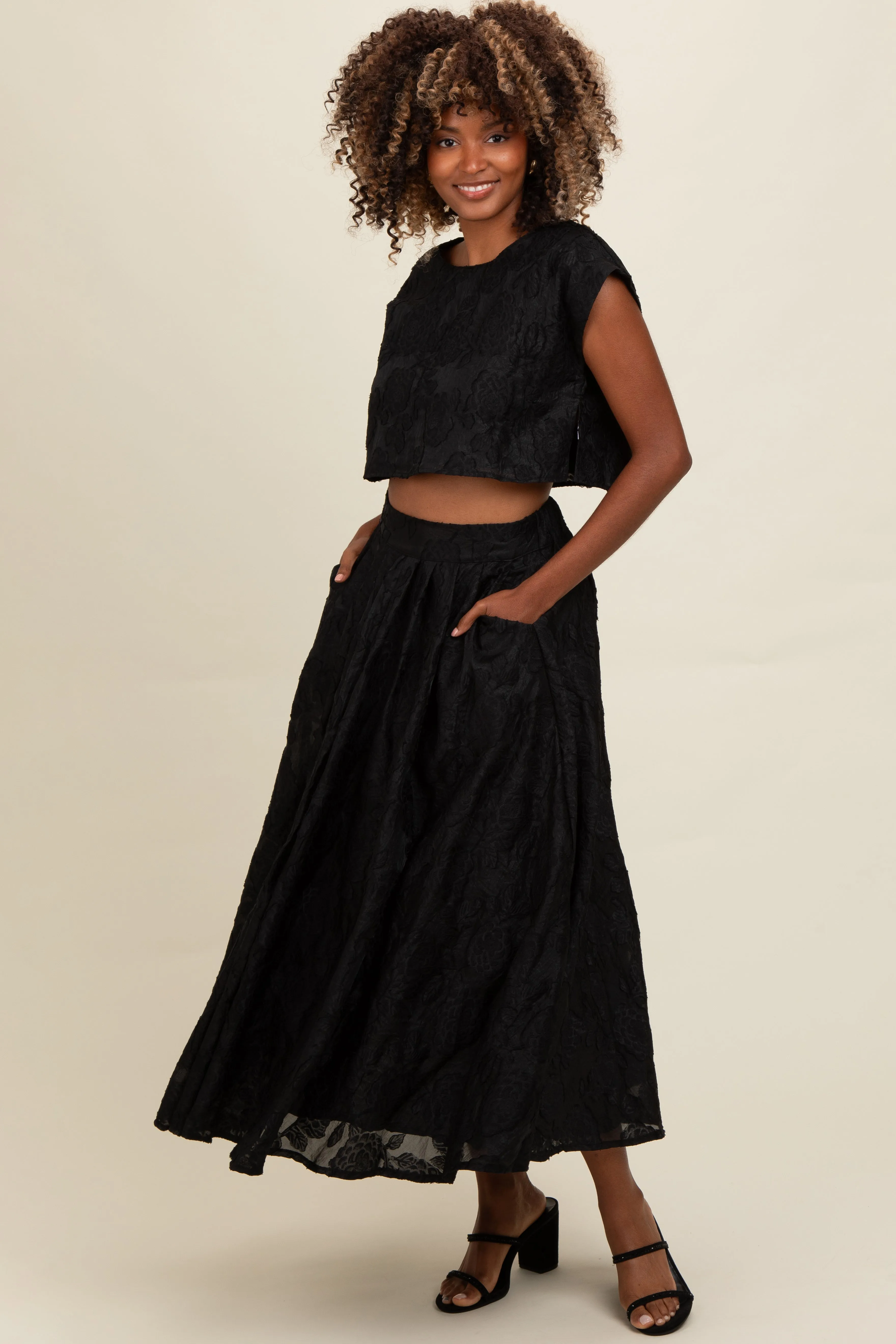 Black Floral Jacquard Crop Top and Skirt Set sold by Pinkblush product image thumbnail 2