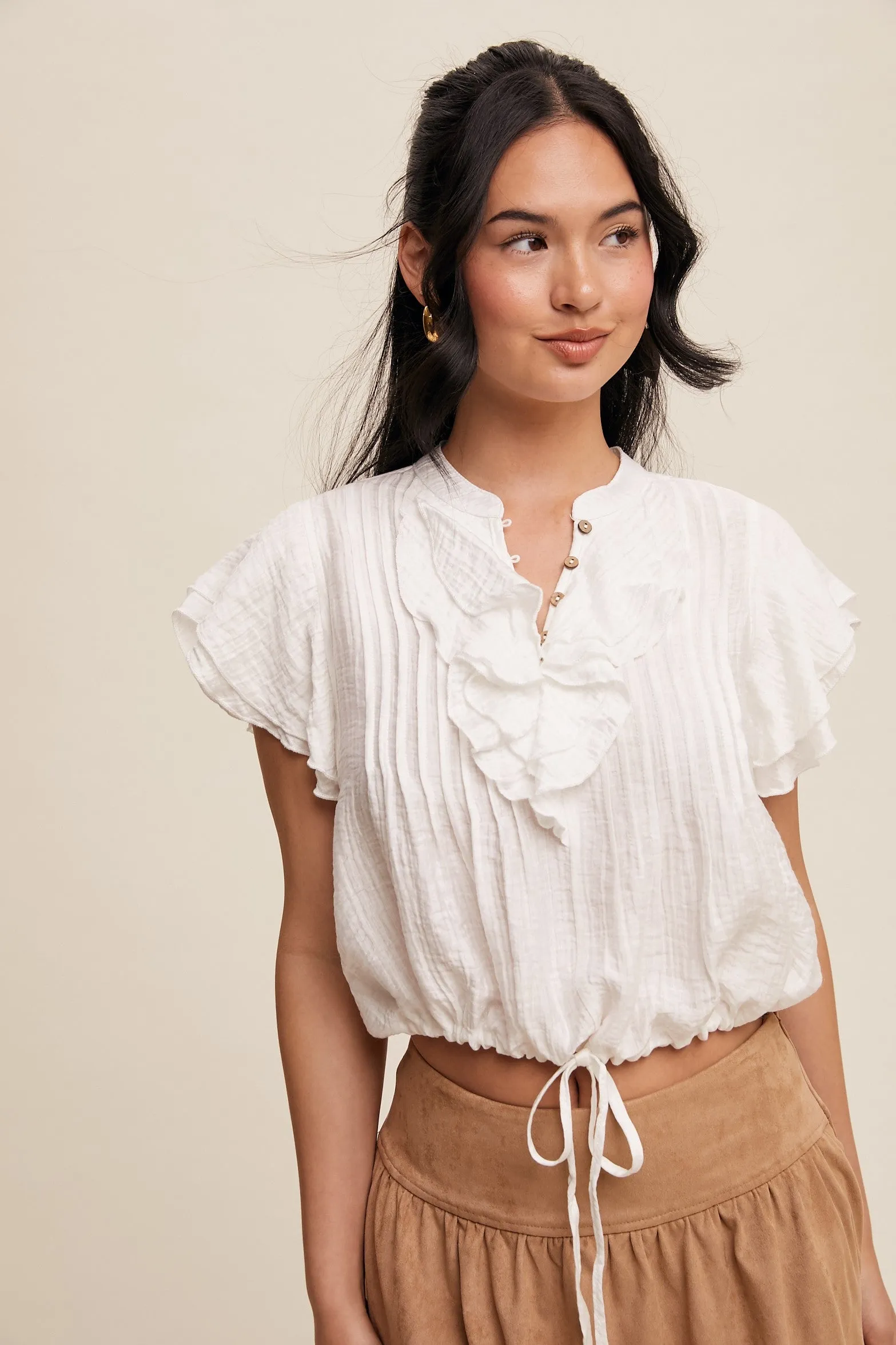 Ivory Ruffled Button Front Tie Waist Blouse Top sold by Pinkblush