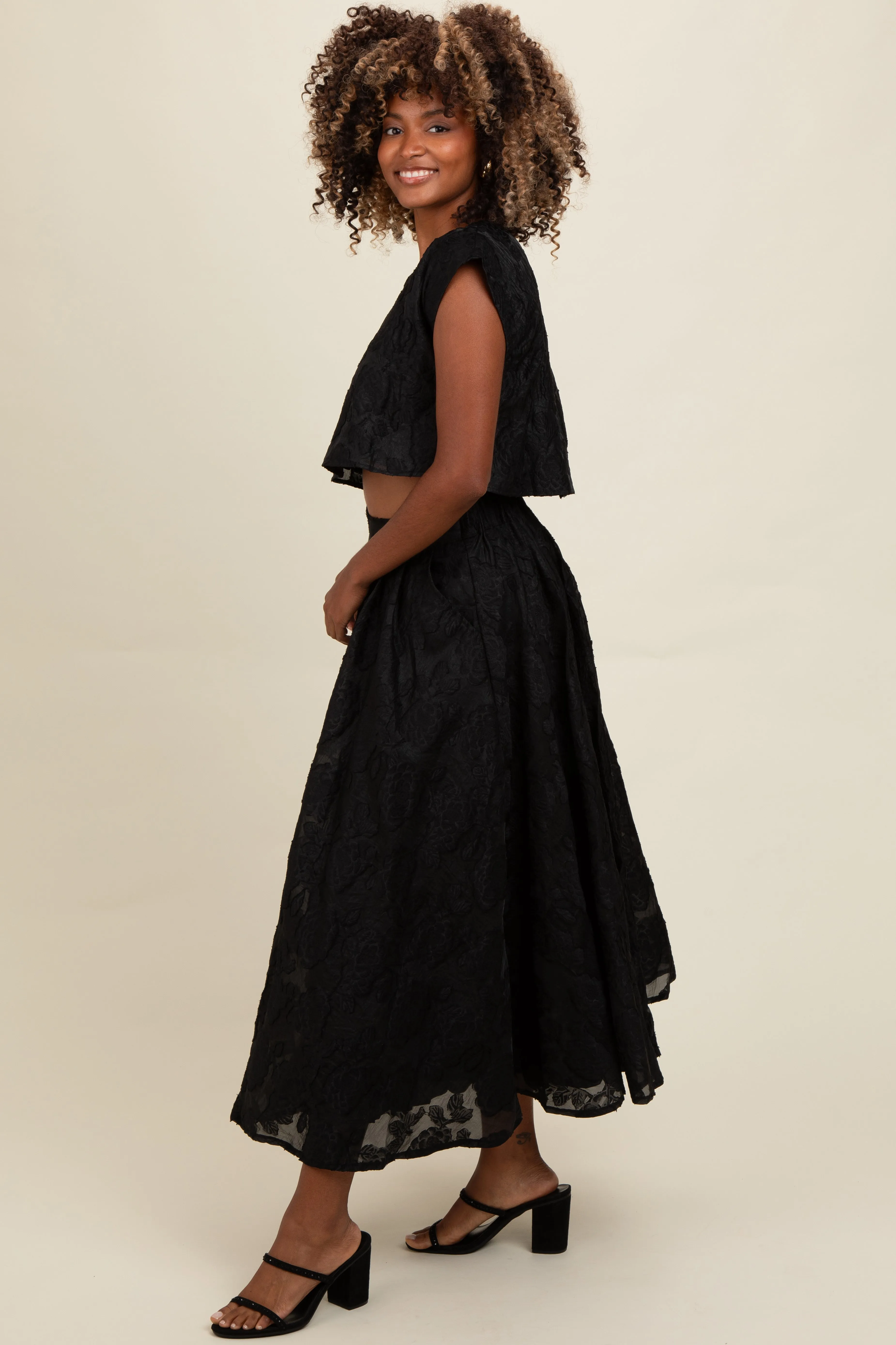 Black Floral Jacquard Crop Top and Skirt Set sold by Pinkblush product image thumbnail 3
