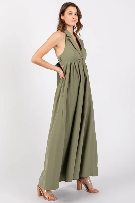 Light Olive Collared Halter Back Tie Maxi Dress sold by Pinkblush