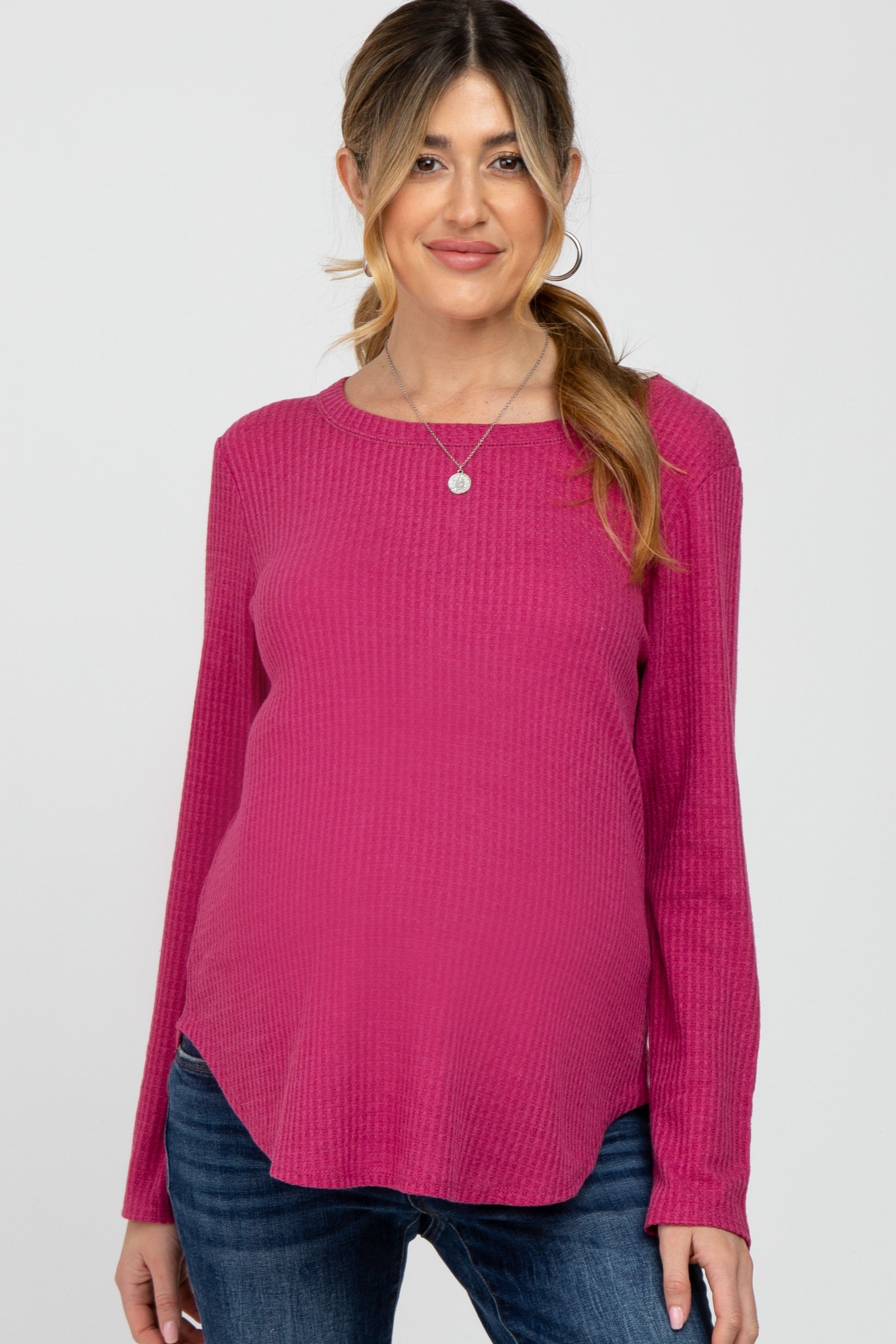 Fuschia Basic Waffle Knit Maternity Long Sleeve Top sold by Pinkblush