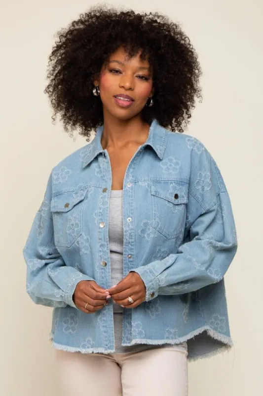 Light Blue Floral Embroidered Shirt Jacket sold by Pinkblush