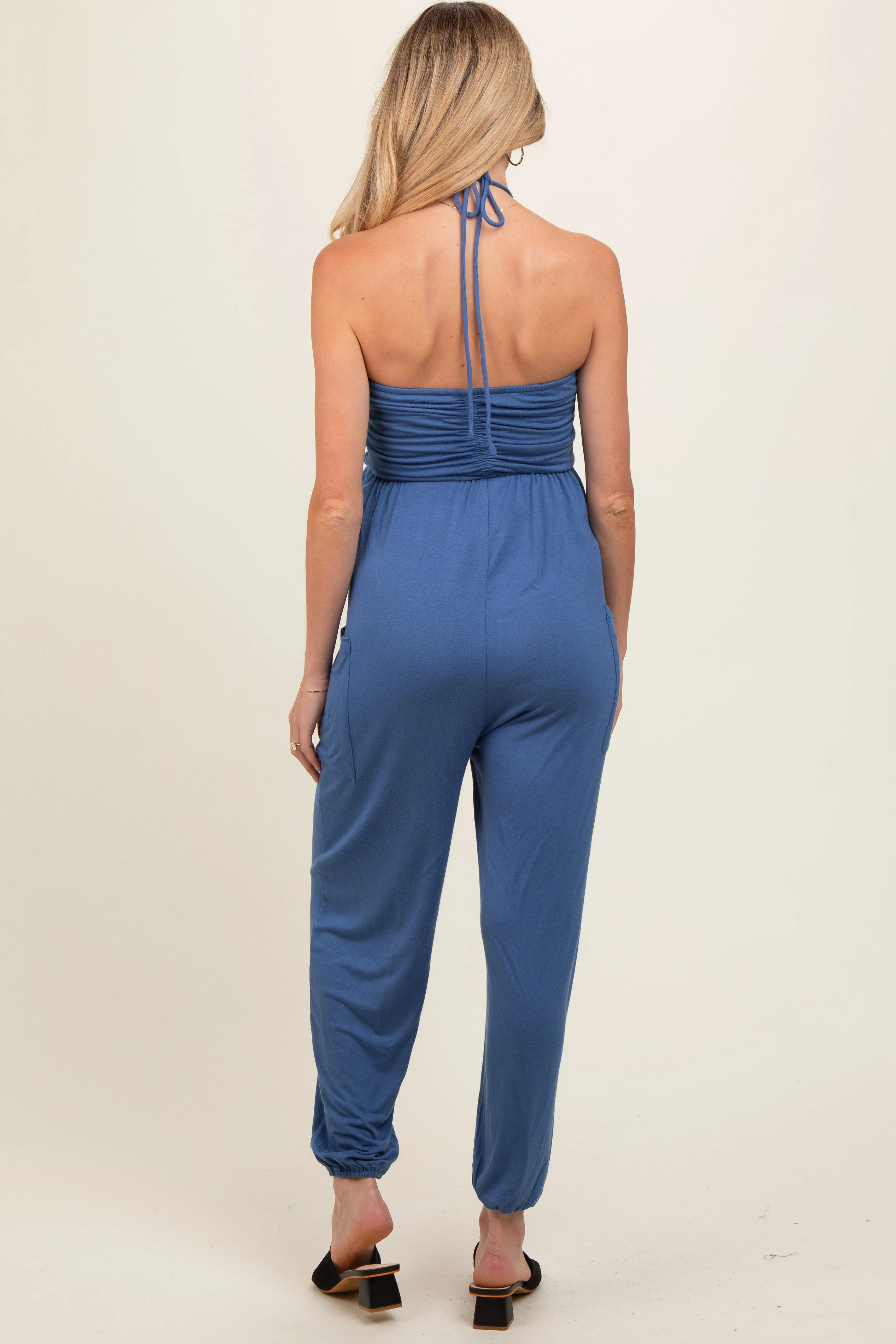 Blue Halter Cinched Maternity Jumpsuit sold by Pinkblush product image thumbnail 3