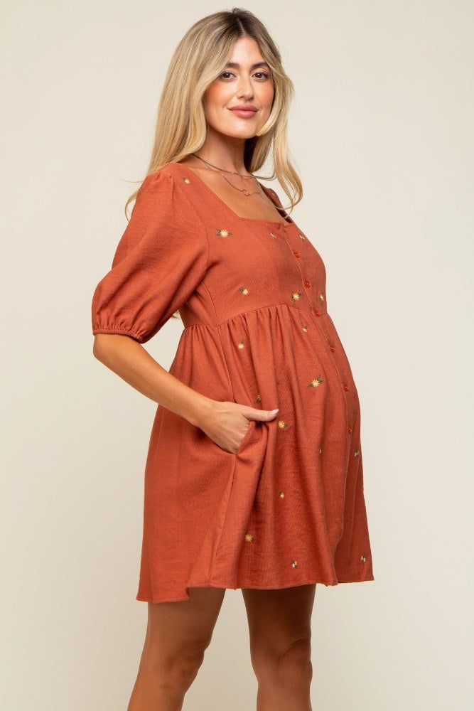 Rust Ribbed Button Front Flower Embroidered Maternity Dress sold by Pinkblush product image thumbnail 3