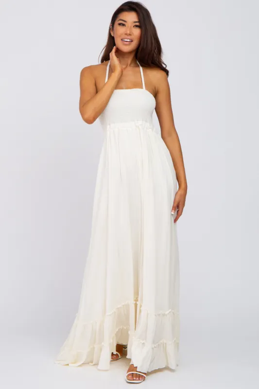 Cream Halter Neck Cut Out Maxi Dress sold by Pinkblush
