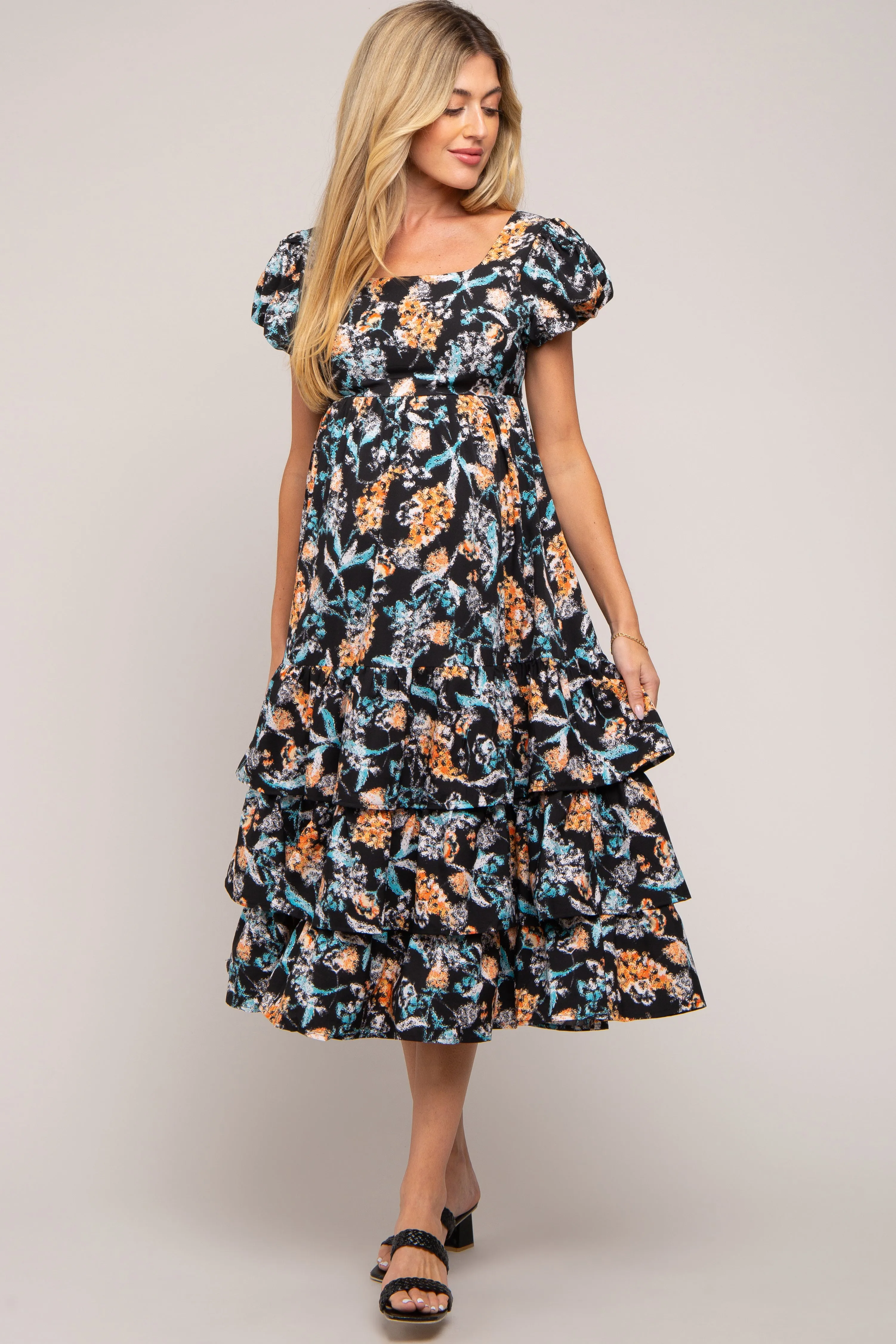 Black Floral Puff Sleeve Tiered Maternity Midi Dress sold by Pinkblush product image thumbnail 4